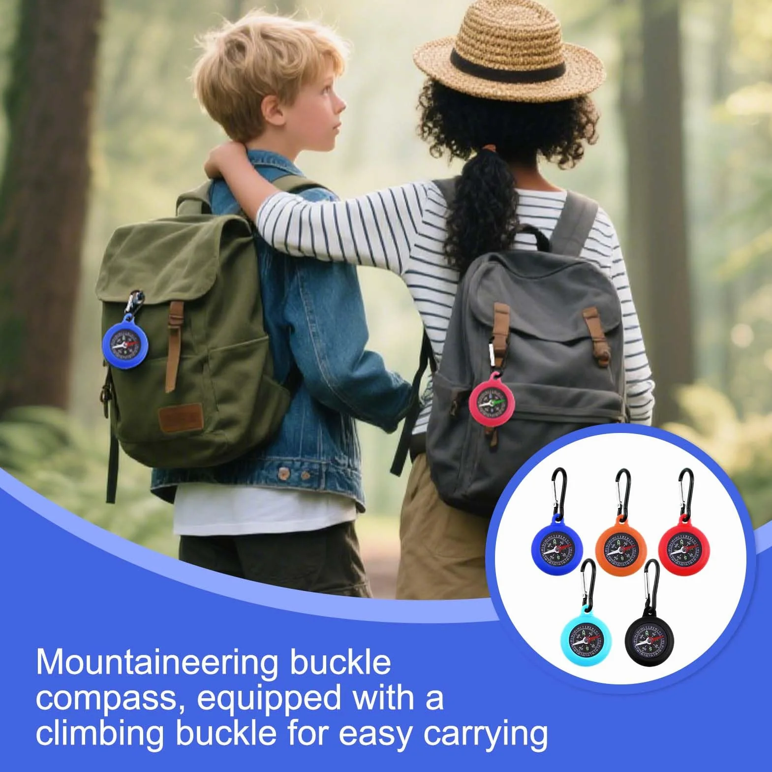 Bussola da campeggio per bambini 5 pezzi con moschettone colorata compatta