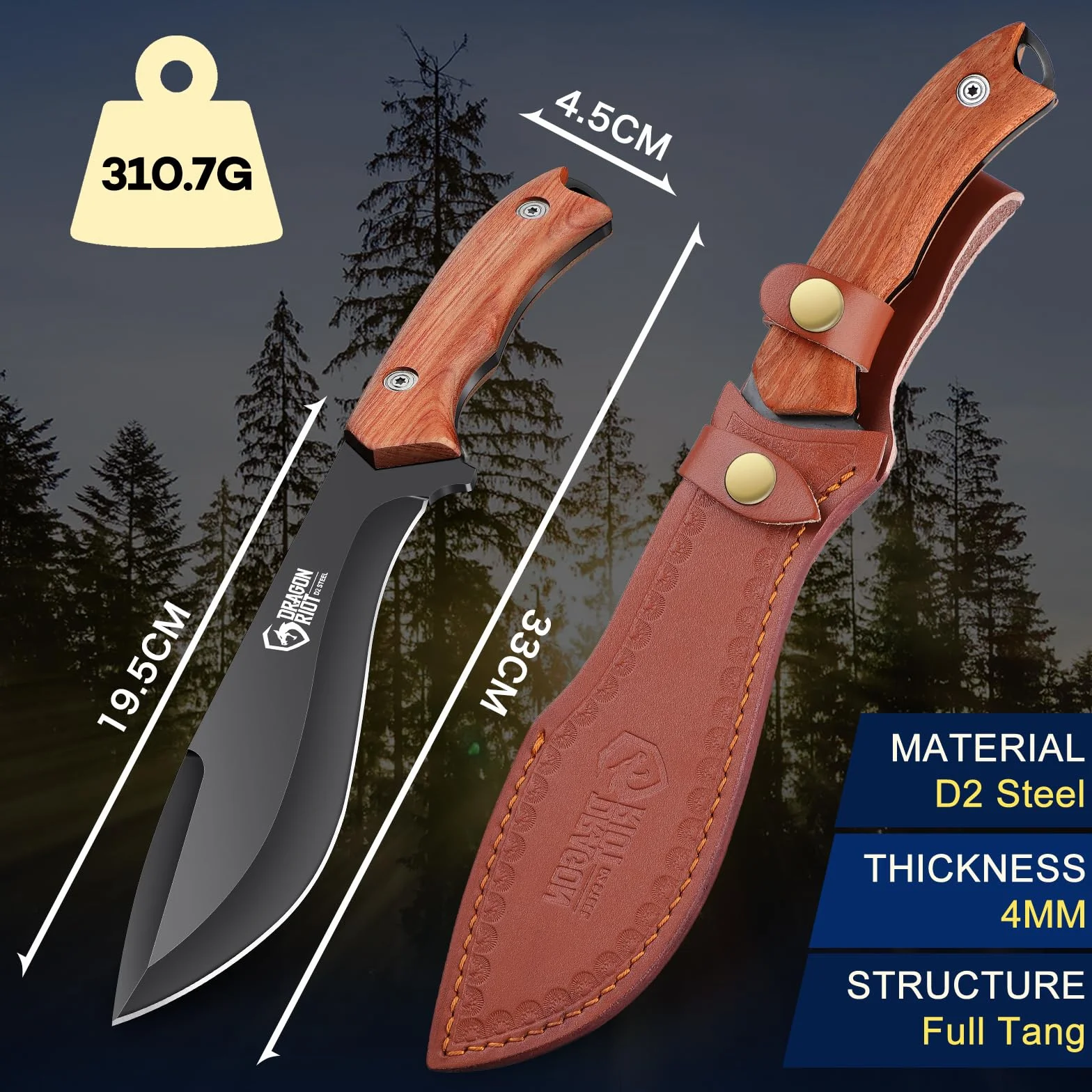 DRAGON RIOT coltello da caccia 20 cm, coltello sopravvivenza professionale con fodero in pelle, grande coltelli da caccia full tang, coltello lama fissa da uomo