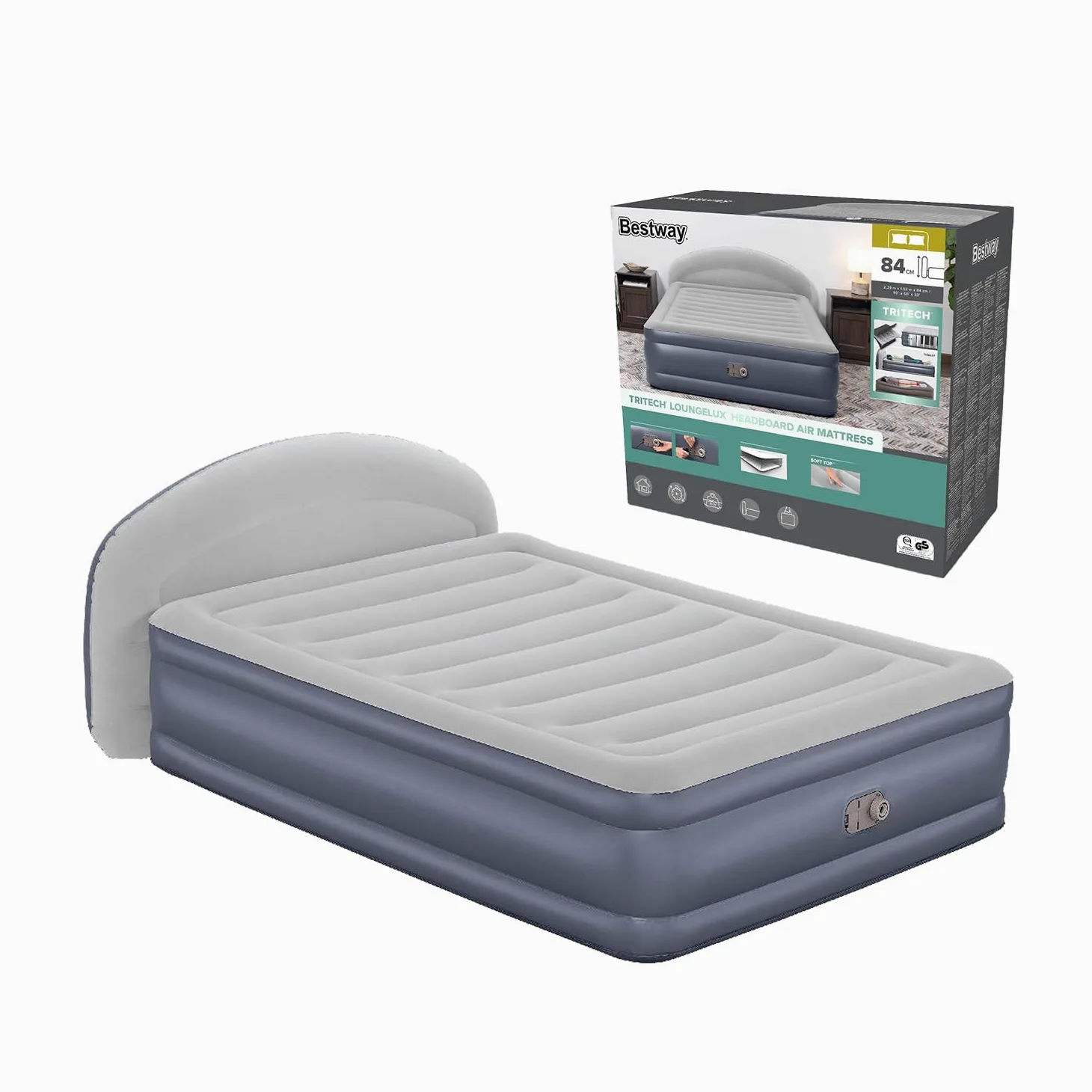 Bestway 671BD Materasso Matrimoniale Queen Tritech LoungeLux con testiera e Pompa CA Incorporata, 2.29 m x 1.52 m x 84 cm, Blu