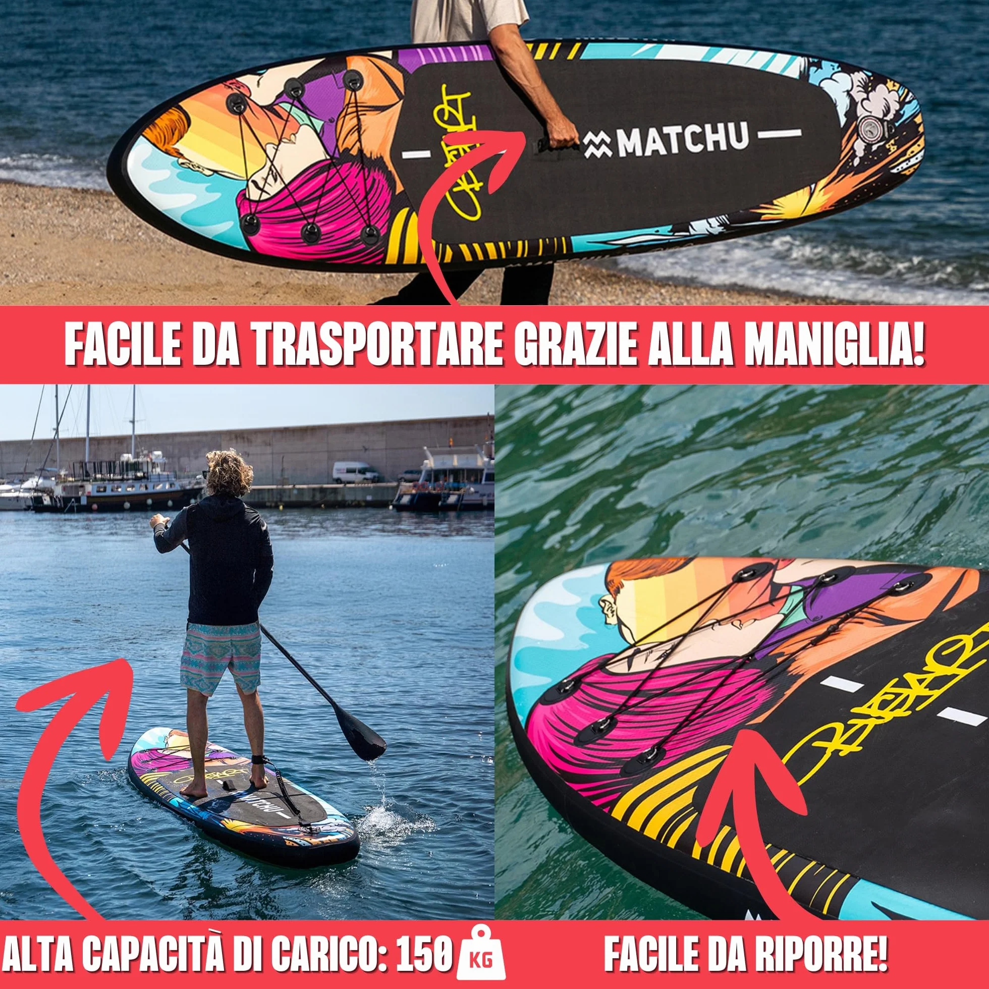 MATCHU - Sup Board gonfiabile - Paddle Board - Edizione limitata - Certificato - Set completo - 320 x 81 x 15 cm - Portata 150 kg - Collezione Art
