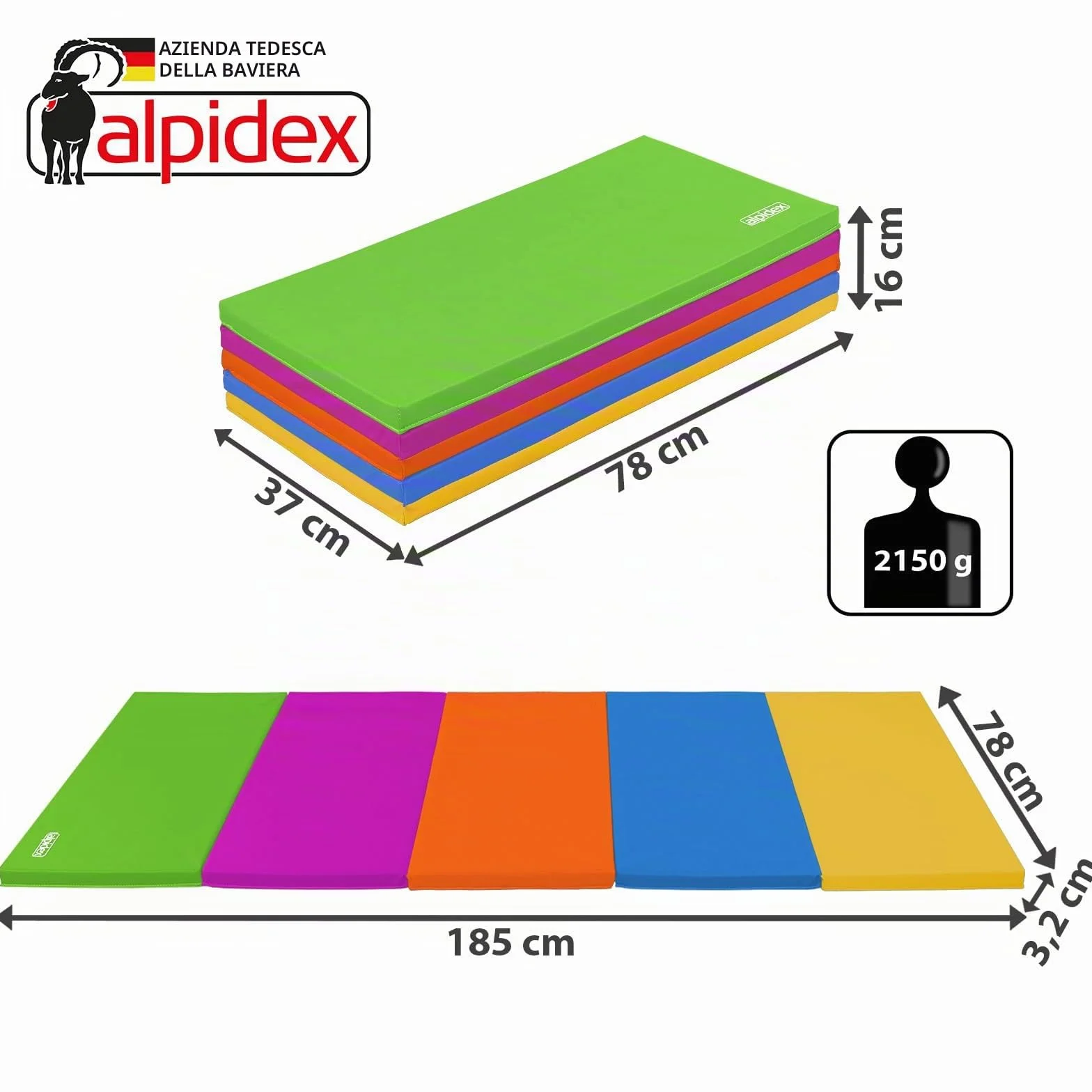 ALPIDEX Tappetino da ginnastica 185 x 78 x 3,2 cm pieghevole pavimento sportivo ginnastica palestra materassino fitness tappeto sport yoga mat gym bambini adulti