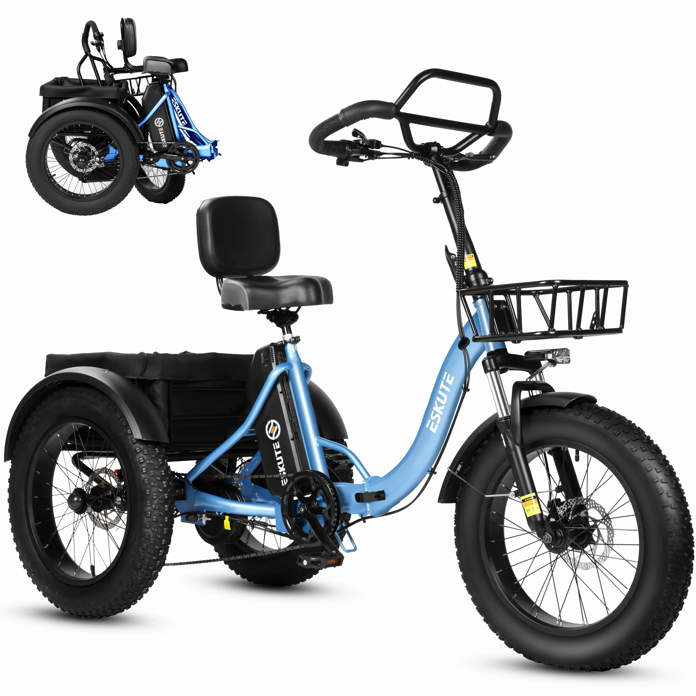 ESKUTE Triciclo Elettrico per Adulti T302 Pro, Fat Bike Elettrica 20×4.0 Pieghevole con Batteria Rimovibile 48V 20,8Ah, eBike a Tre Ruote con Motore 65Nm, Cambio 7 Velocità, Autonomia fino a 130 km
