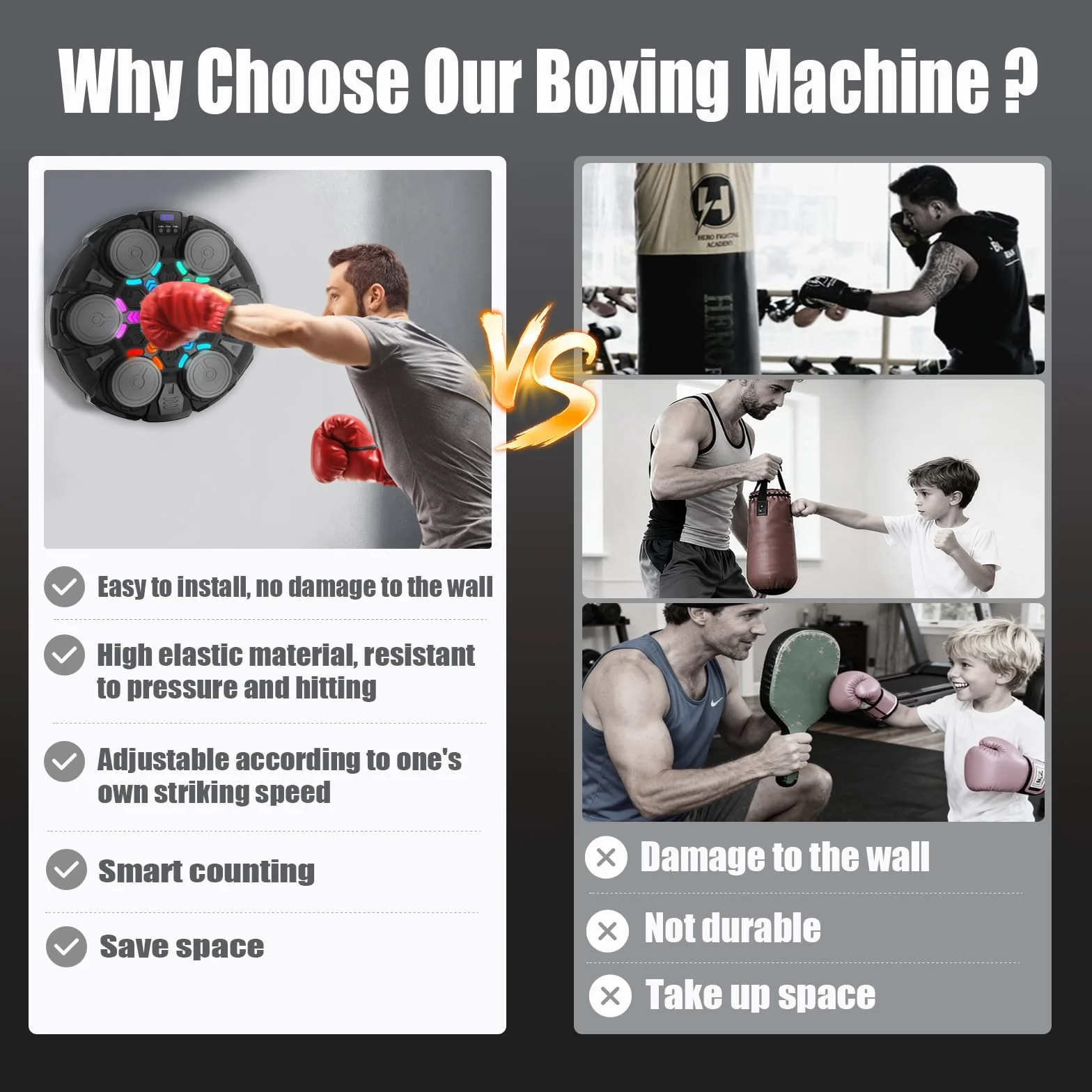 Macchina da boxe musicale, gioco intelligente da parete Bluetooth con guantoni da boxe, velocità e modalità di conteggio regolabili, attrezzatura da palestra per bambini, macchina da boxe per