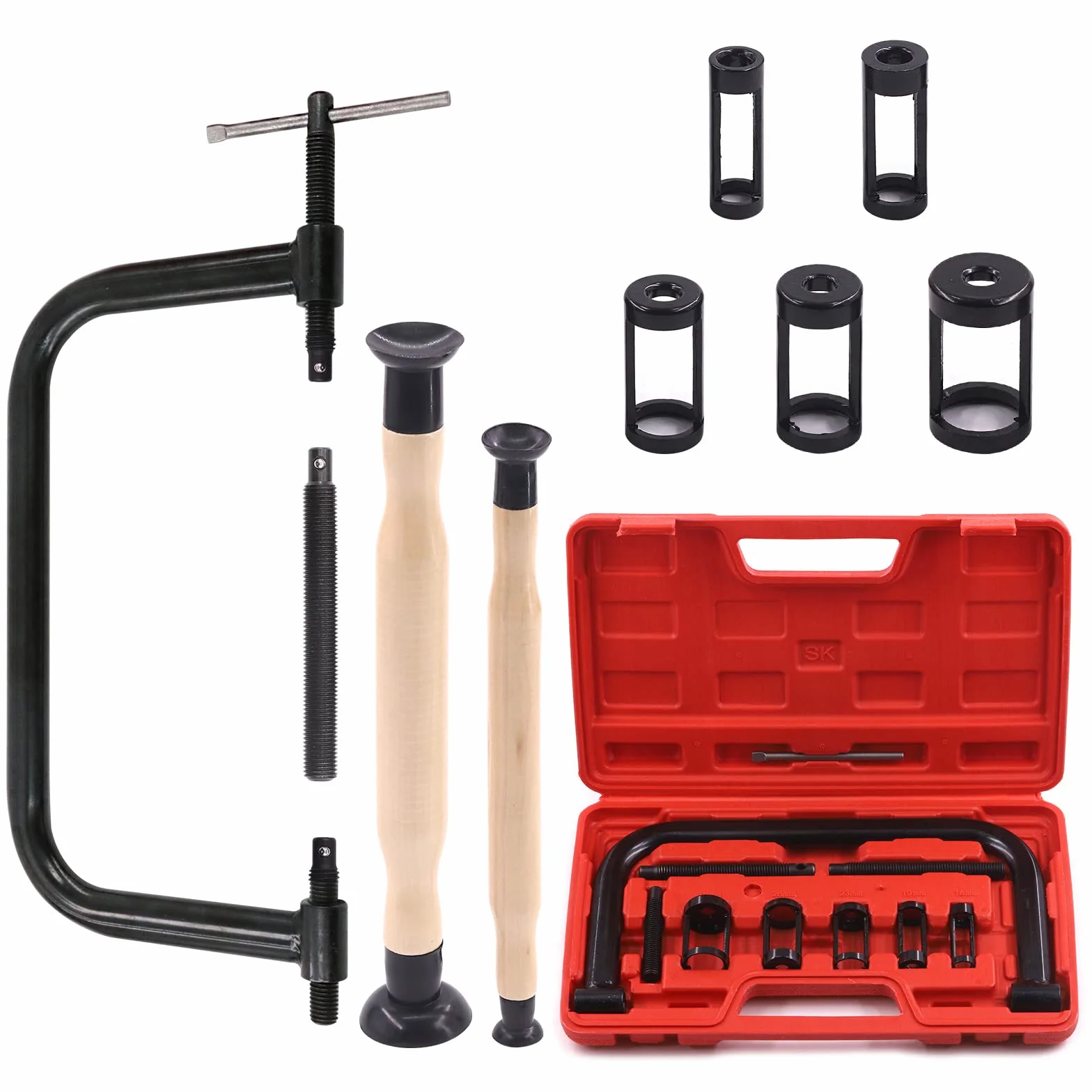 Swpeet Kit assortito di 13 attrezzi per compressore a molla per valvola, include 5 adattatori pusher, viti di estensione, set di valvole e barra di compressione per moto, auto e piccoli veicoli a