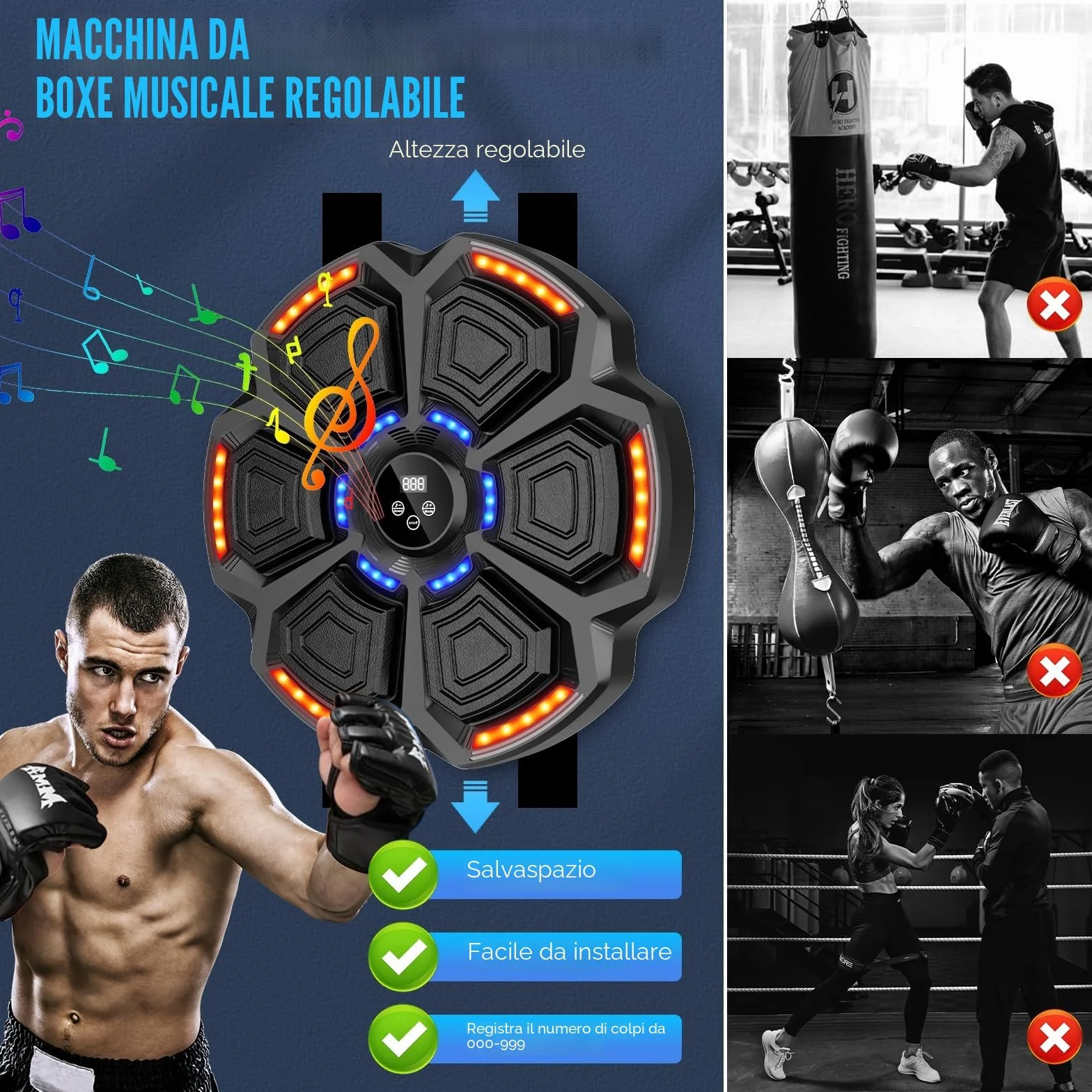 Music boxing machine, bersaglio da boxe musicale a parete, Smart LED, Bluetooth, con guantoni da boxe, con 9 velocità e modalità di conteggio, per adulti e bambini