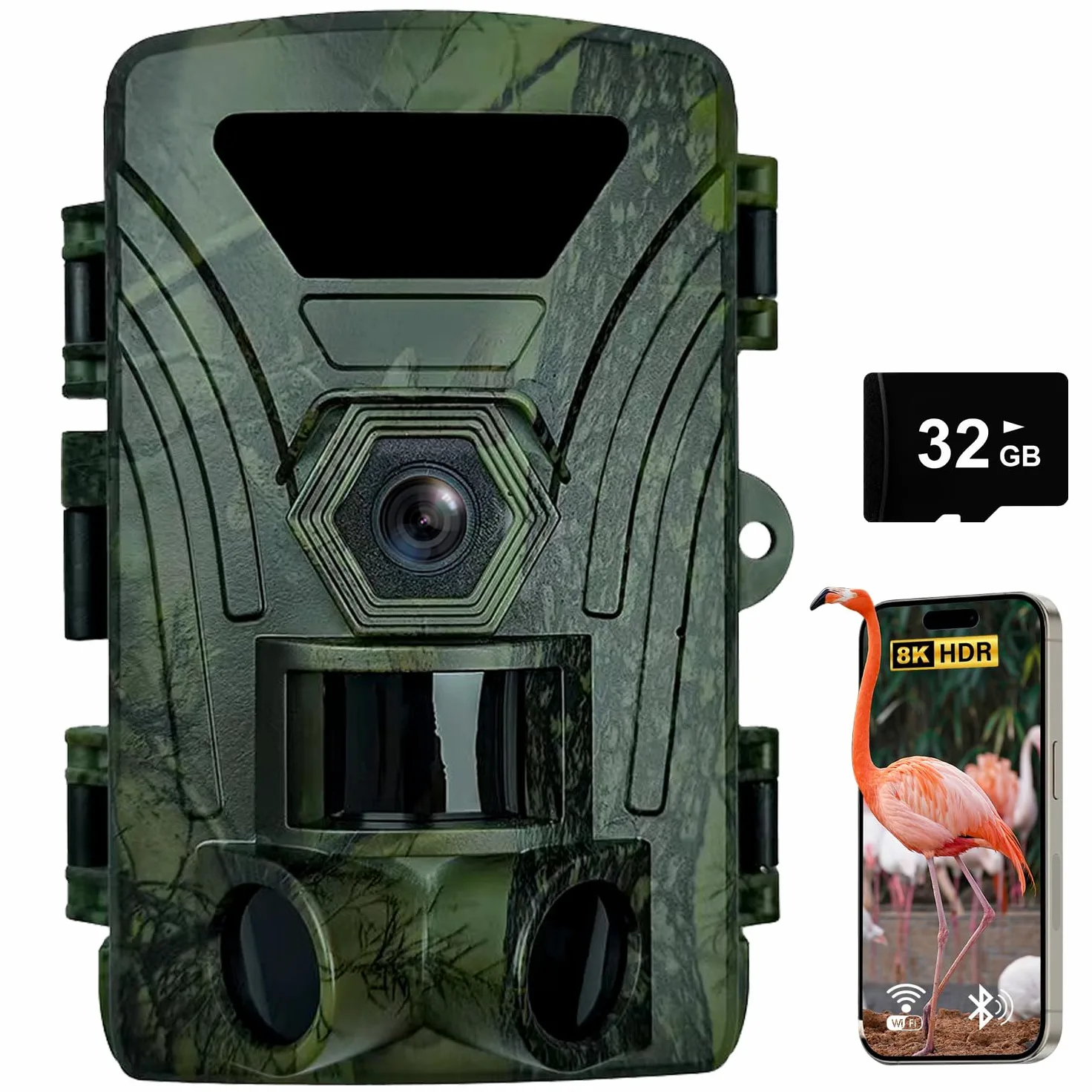 Fototrappola 8K, Fototrappole Infrarossi Invisibili WiFI 60MP, 120° WiFi Fotocamera Caccia con SD da 32 GB, Foto Trappola di Videosorveglianza per Animali Movimento Attivato Visione Notturna