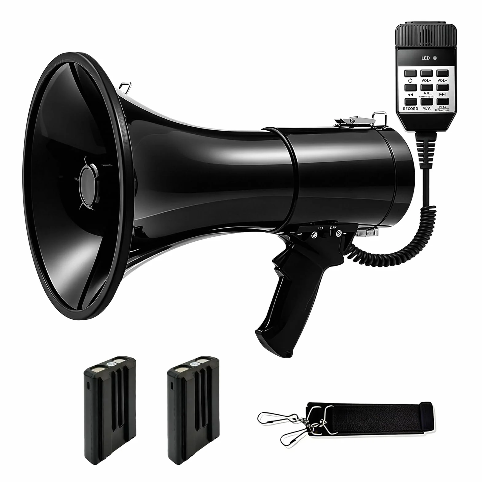 Megafono da 100 W, con Bluetooth e funzione di registrazione, tripla alimentazione con 2 batterie extra, portata 2000 m, con sirena, microfono a mano esterno, riproduzione USB, tracolla