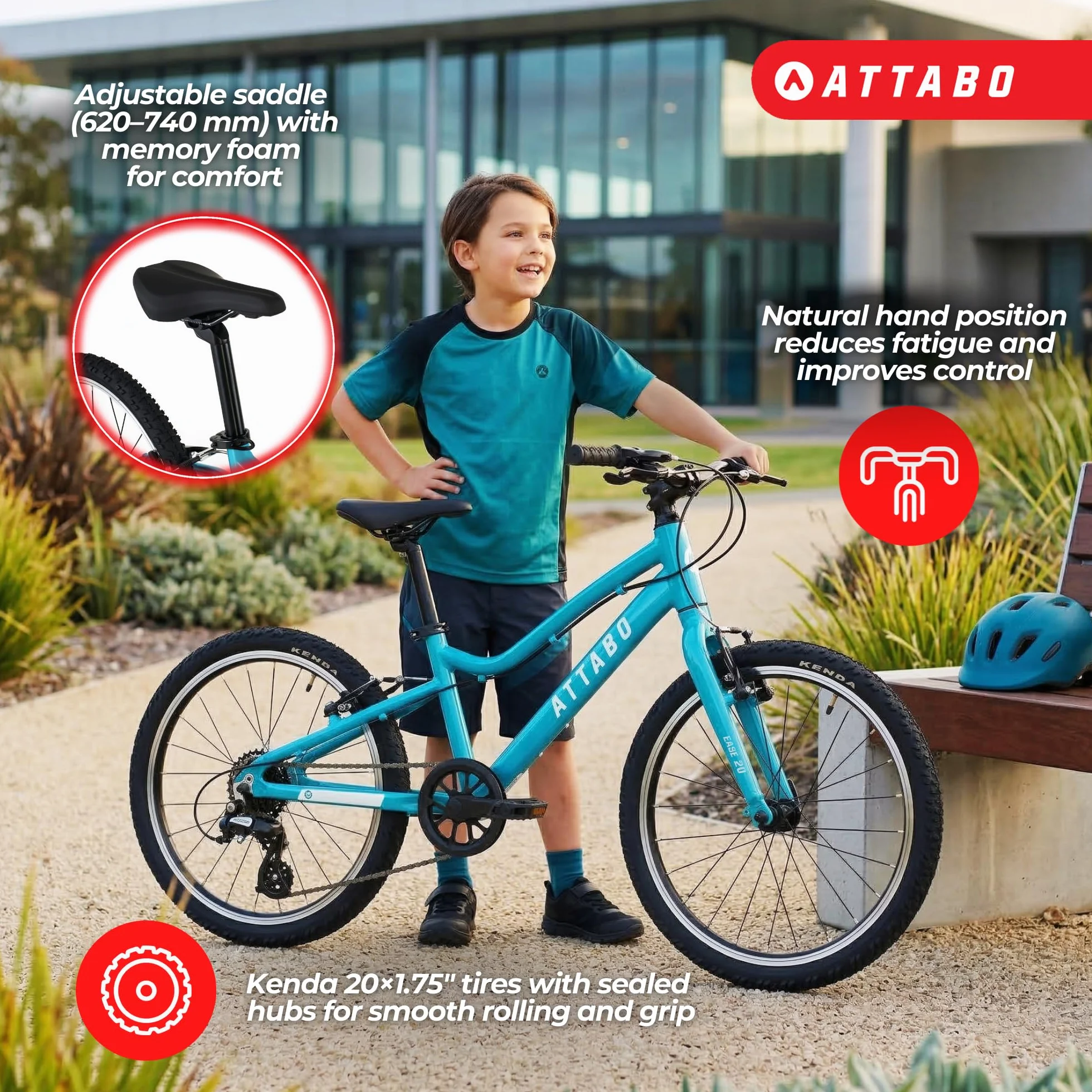 ATTABO Bicicletta per Bambini EASE 20" Leggera Resistente Gradino Basso Manubrio BMX Ergonomico Deragliatore