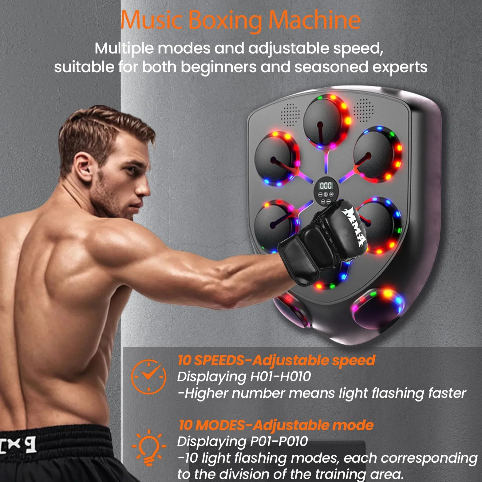 Music Boxing Machine Adulti, 9 Modalità Velocità Box Musicale Pugile con Guanti da Boxe, Parete Tira Pugni con Musica Bluetooth Boxe Allenamento per Casa (8 obiettivi)