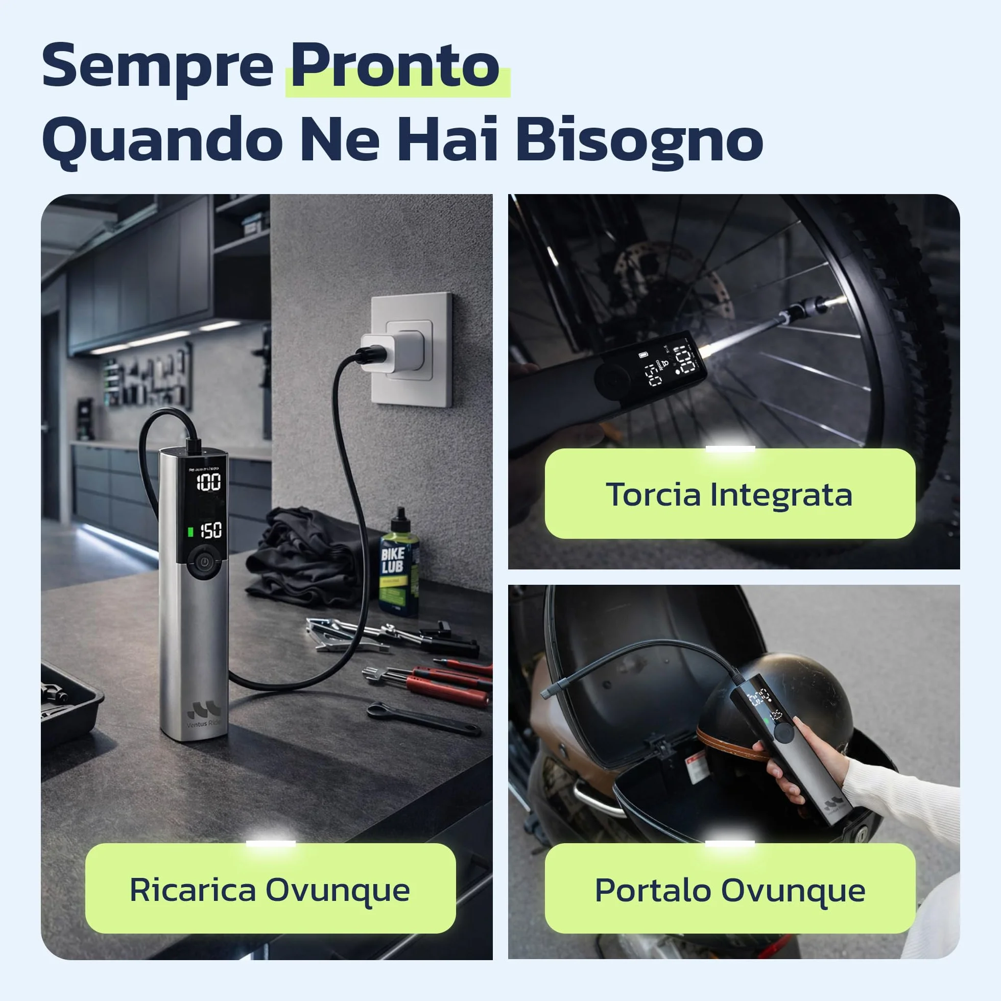 Woowind Ventus Ride Pompa Elettrica per Bicicletta, 150 PSI, 10,3 Bar, Portatile, Compressore Aria, Presta, Schrader, MTB, e-bike