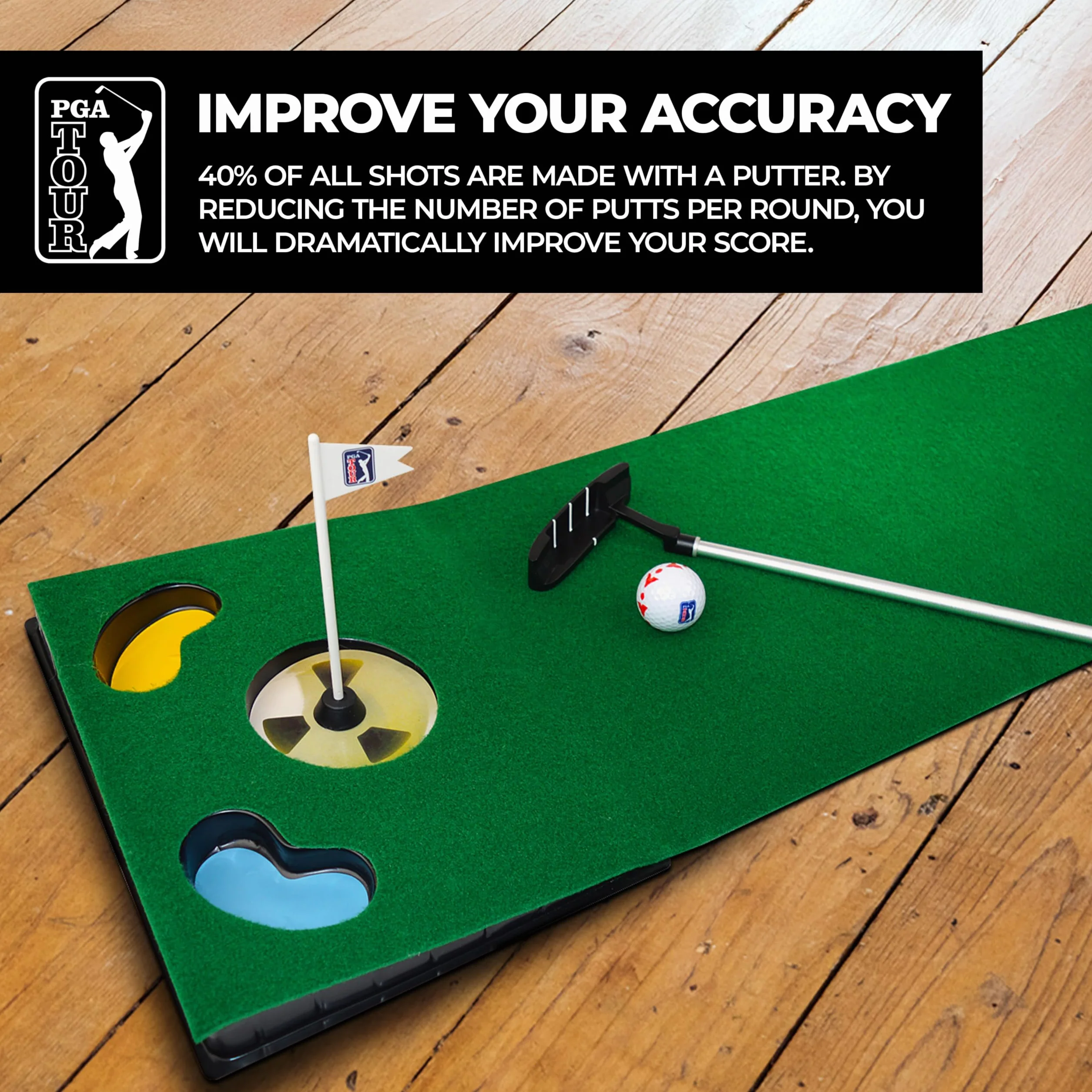 PGA Tour 6ft Putting Mat with Collapsible Putter & Alignment Guide Golf Ball
