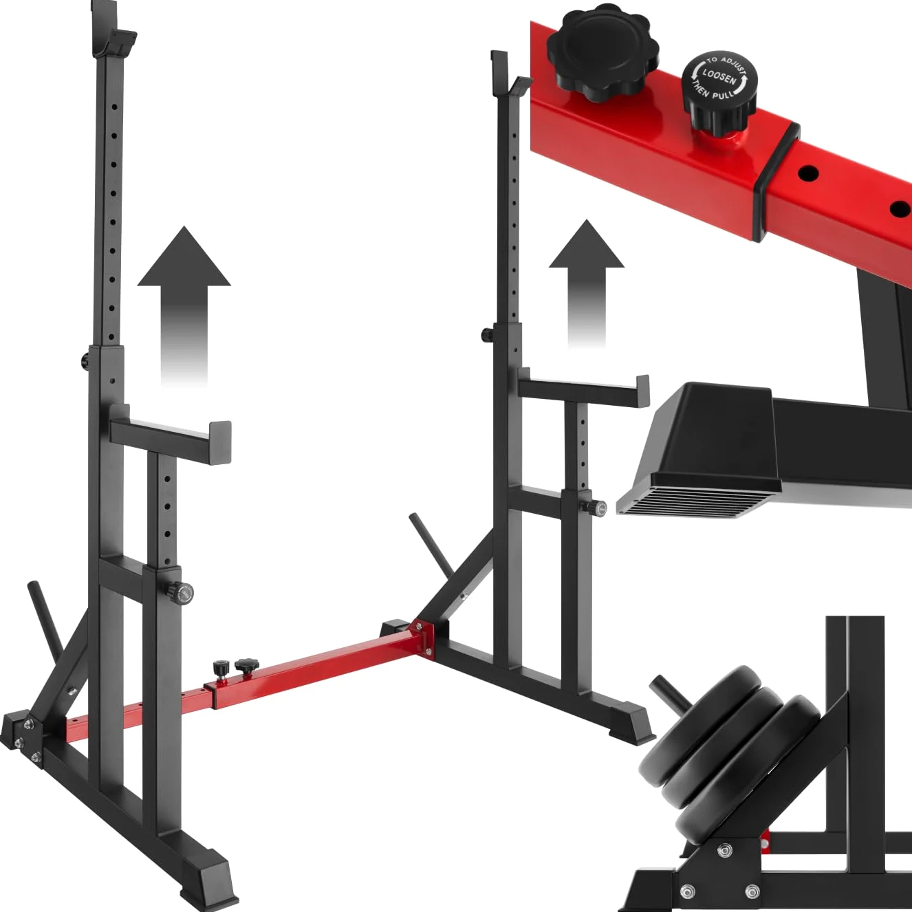 tectake® Squat Rack, Regolabile in Altezza e Larghezza, Supporti Bilanciere Superiori e Laterali con Gomma, In Acciaio, Supporti per Dischi, Cappucci Antigraffio, Diverse Dimensioni