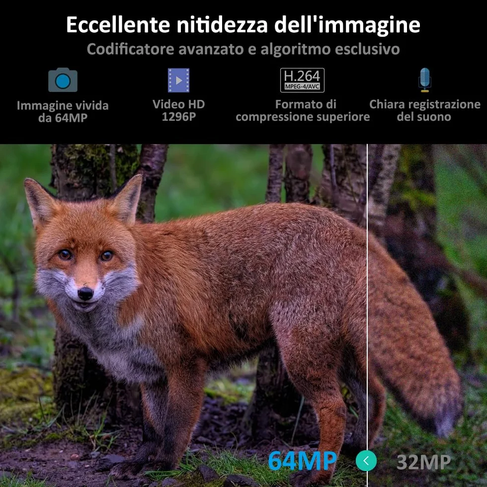 GardePro A3S 64MP 1296P H.264 Fototrappola Infrarossi Invisibili No-Glow IR LED IP66