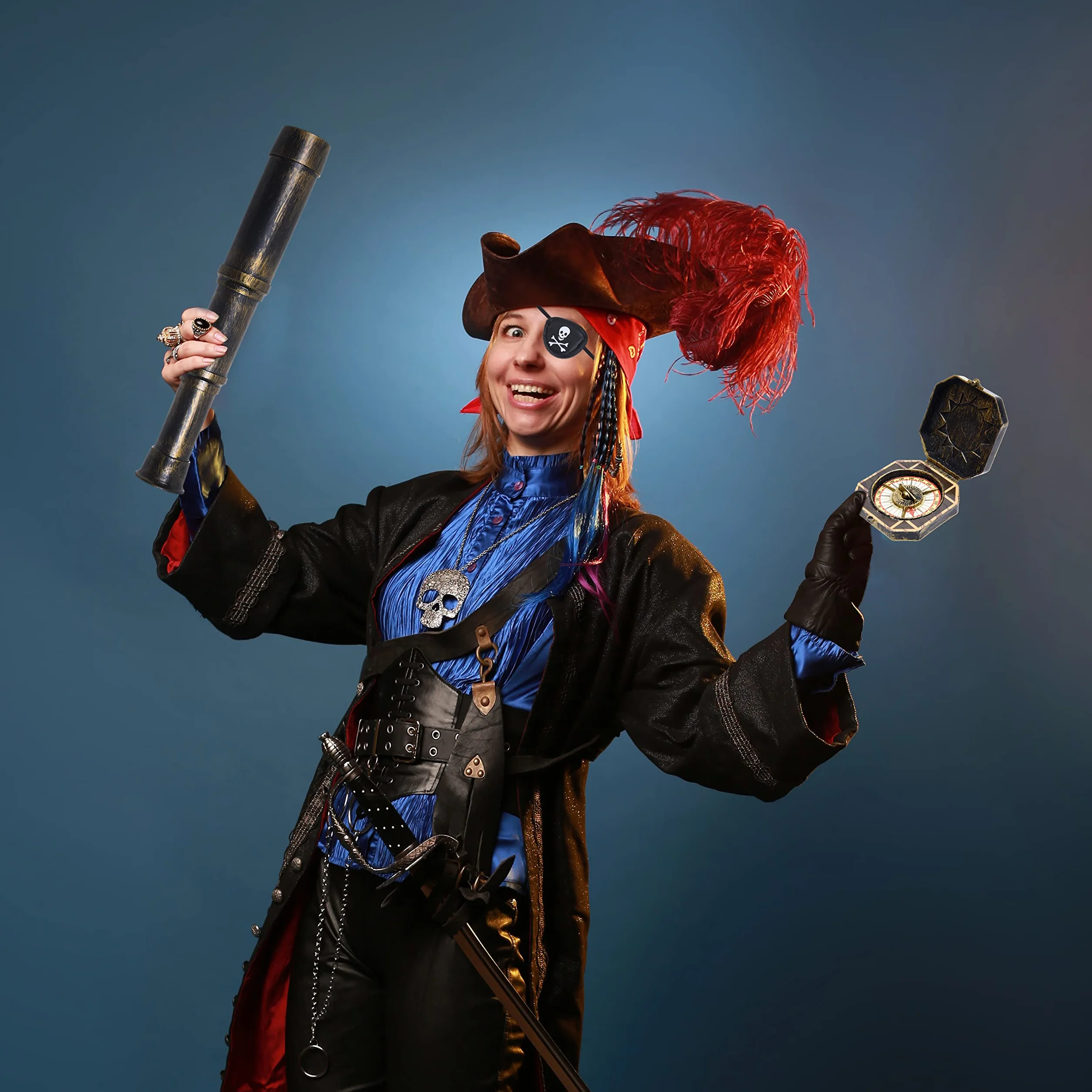 Pirata Cannocchiale Telescopio e Bussola di Scena con Benda sull'Occhio - Accessori per Feste Vintage