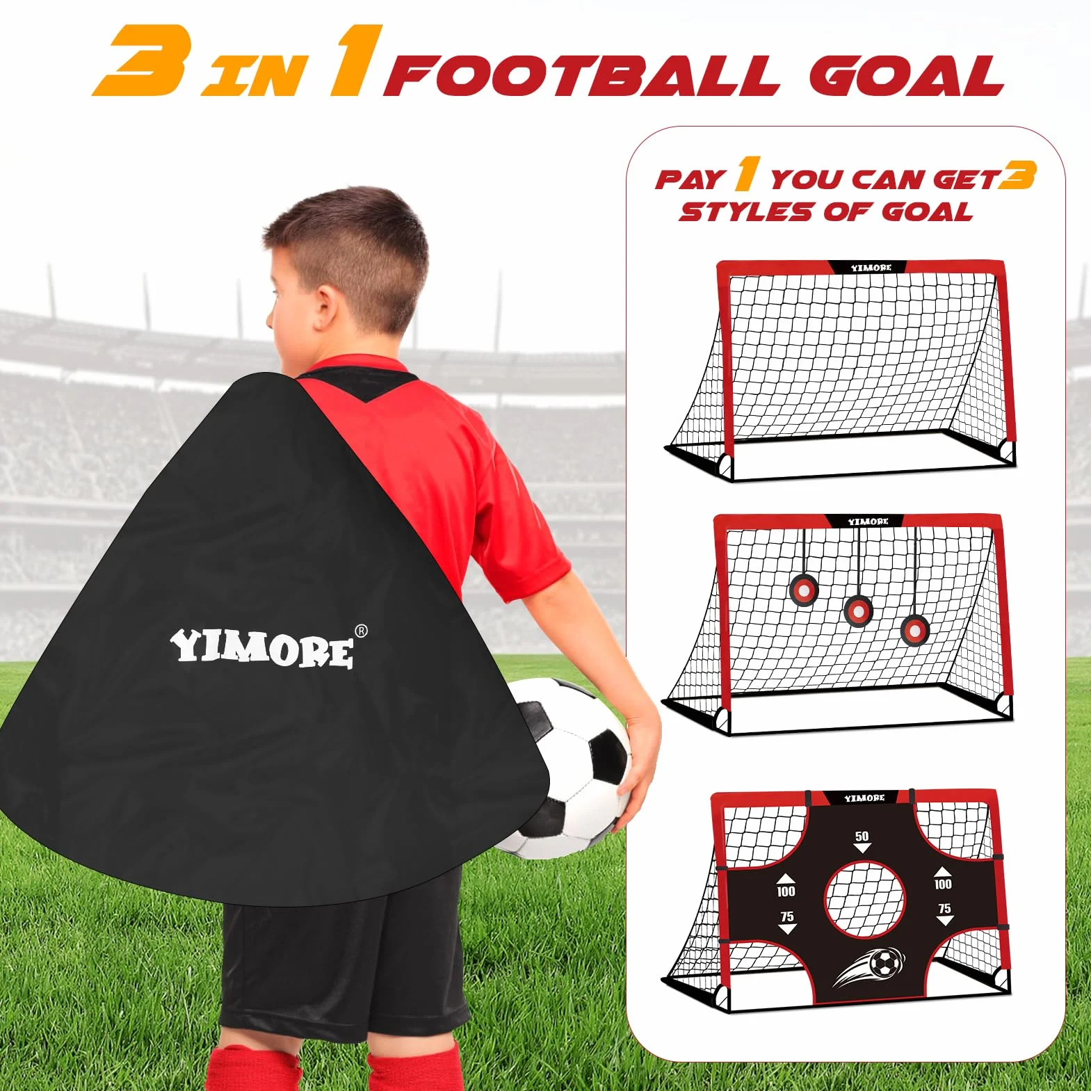 Porta Calcio Bambini 3 in 1 Pieghevole da Giardino 120×90×90 cm con Borsa