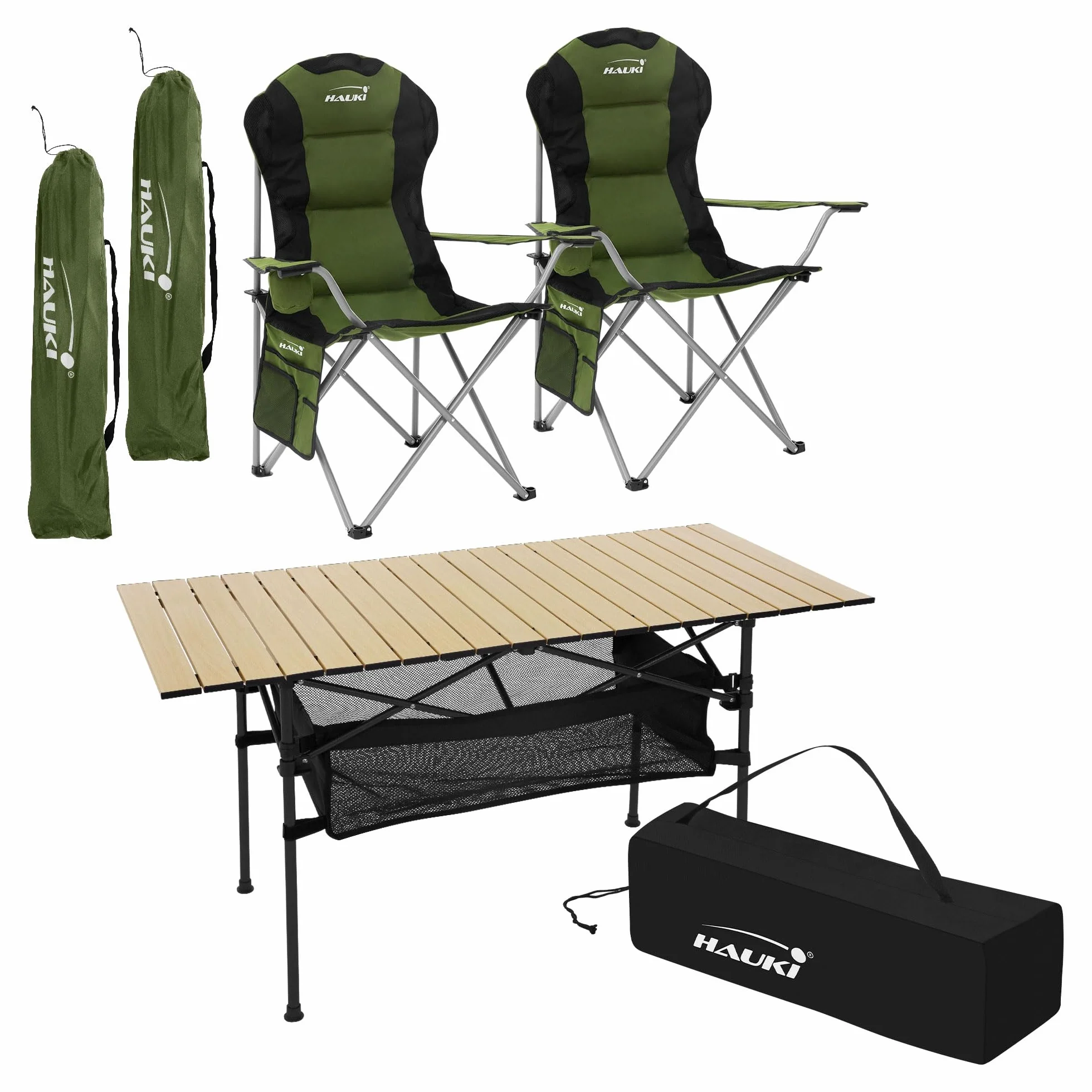 Hauki Set Mobili da Campeggio 3 Pezzi Tavolo Pieghevole Beige 2 Sedie Kaki per 2 Persone Borsa da Trasporto Alluminio