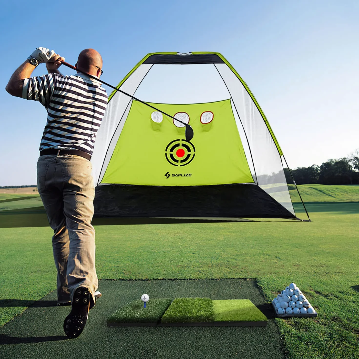 SAPLIZE Tapis de Golf Pliable 3 en 1 76 x 38 cm Tri-Turf pour Entraînement Driving Chipping Putting