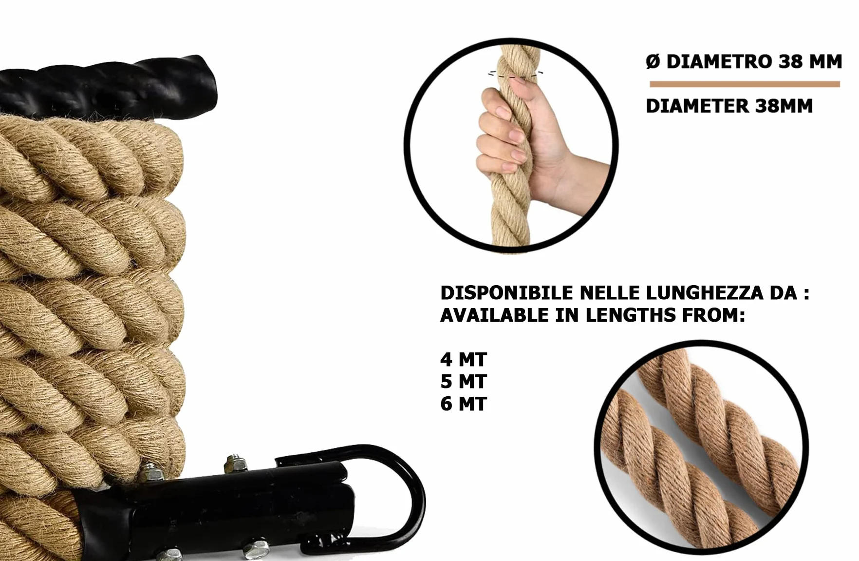 Fune Corda da Arrampicata Diametro 38 MM 4/5/6 MT Canapa Intrecciata per Fitness Allenamento Muscolare
