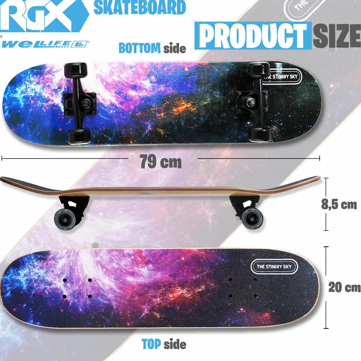 WeLLIFE Skateboard Completo Serie RGX 80x20 cm 9 Strati d’Acero Concavo Double Kick Cuscinetti Abec-7