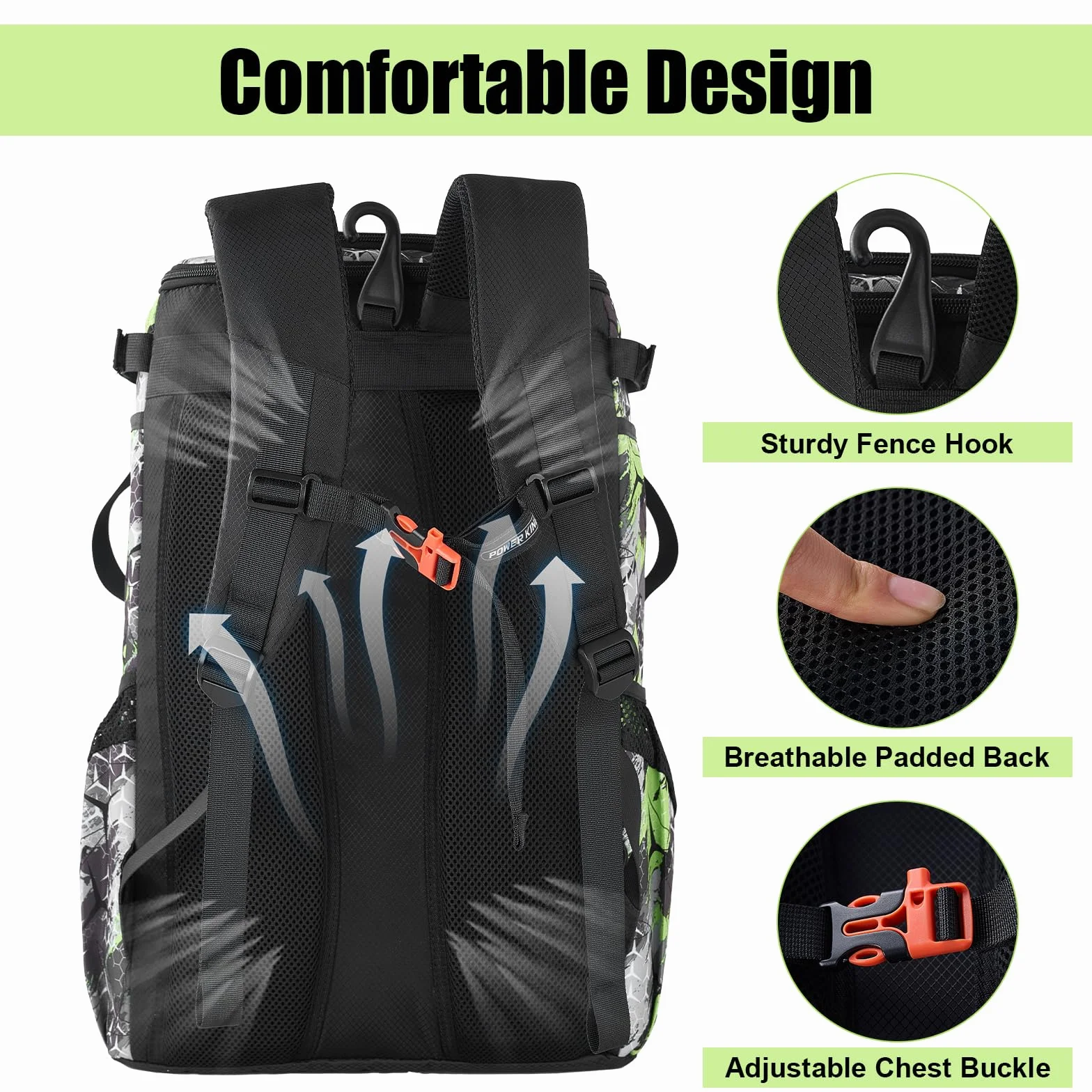 POWER KING 45L Youth Baseball Bat Bag, Large Capacity Backpack for Baseball, T-Ball & Softball Equipment & Gear with Shoe Compartment | Fence Hook | Helmet Holder