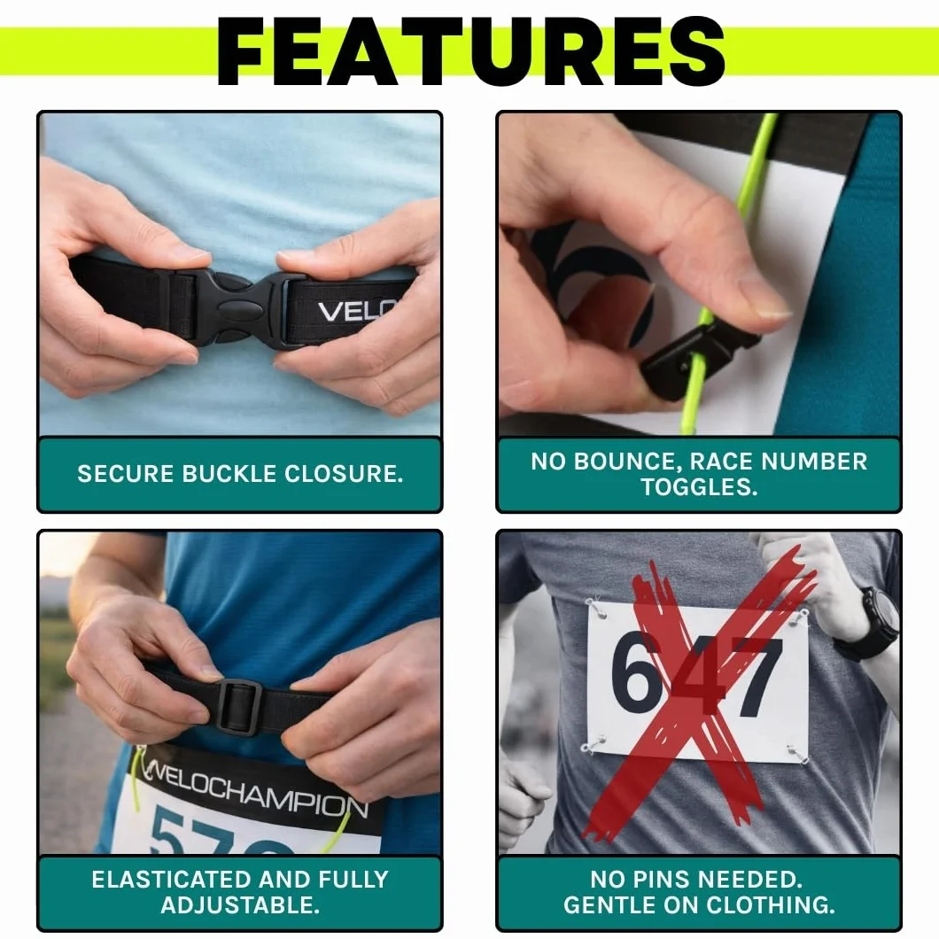 VeloChampion Cintura da Corsa Leggera Porta Pettorale Elasticizzato Vestibilità Stretch Senza Spille Corsa Triathlon Maratona S/M Nero