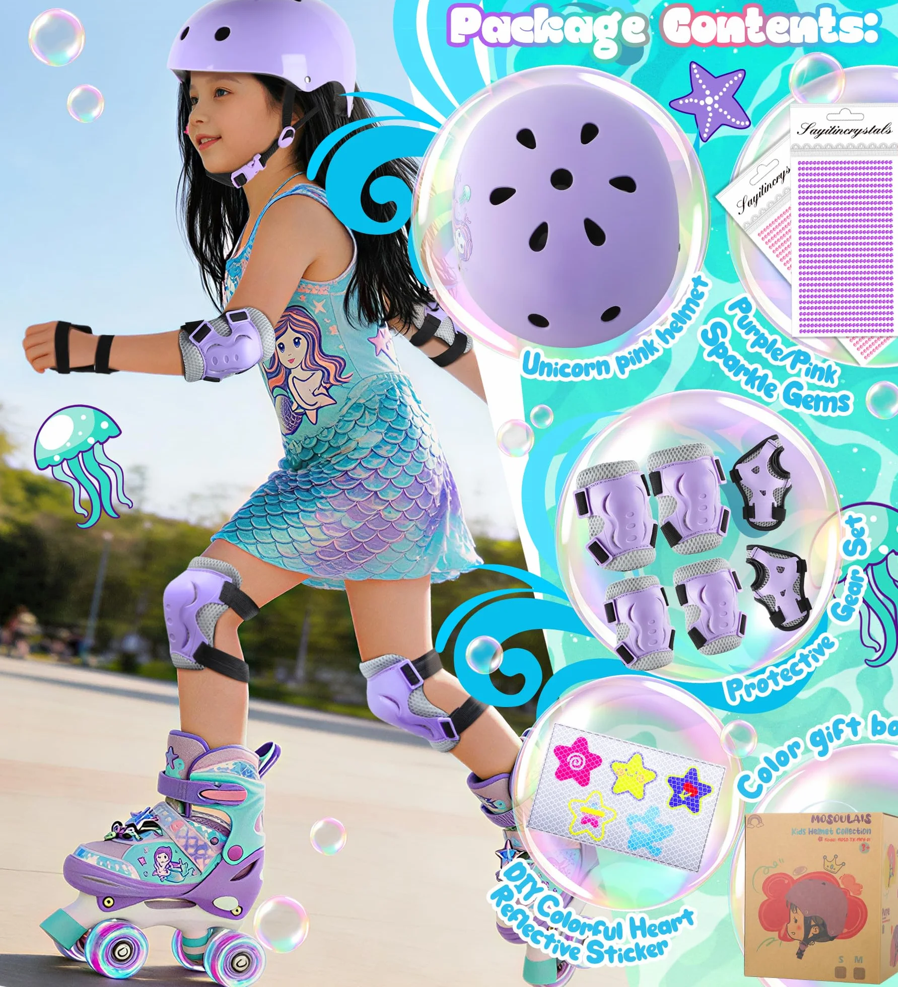 Sirenetta Set Casco Protezione Bambina Regolabile Ginocchiere Gomitiere Bici Skateboard Hulajnoga