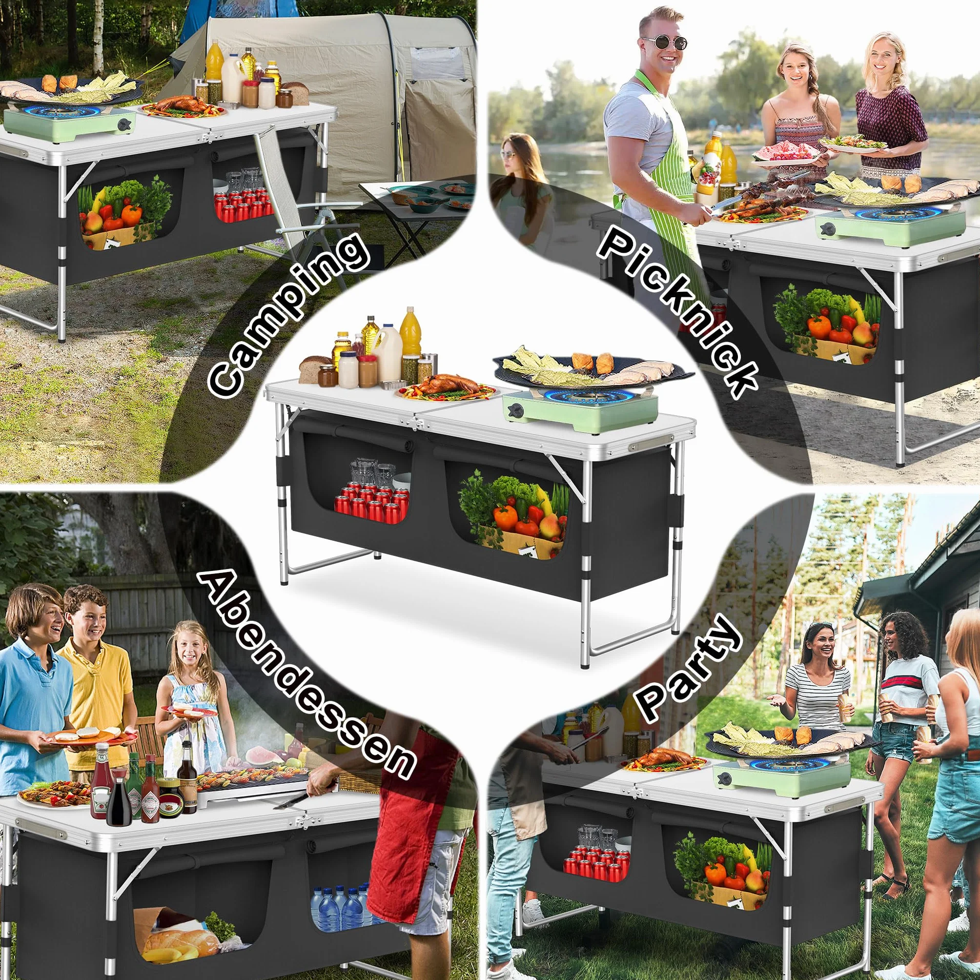 Cucina da campeggio in alluminio leggero pieghevole 120x47x62 cm con piano di lavoro e borsa trasporto