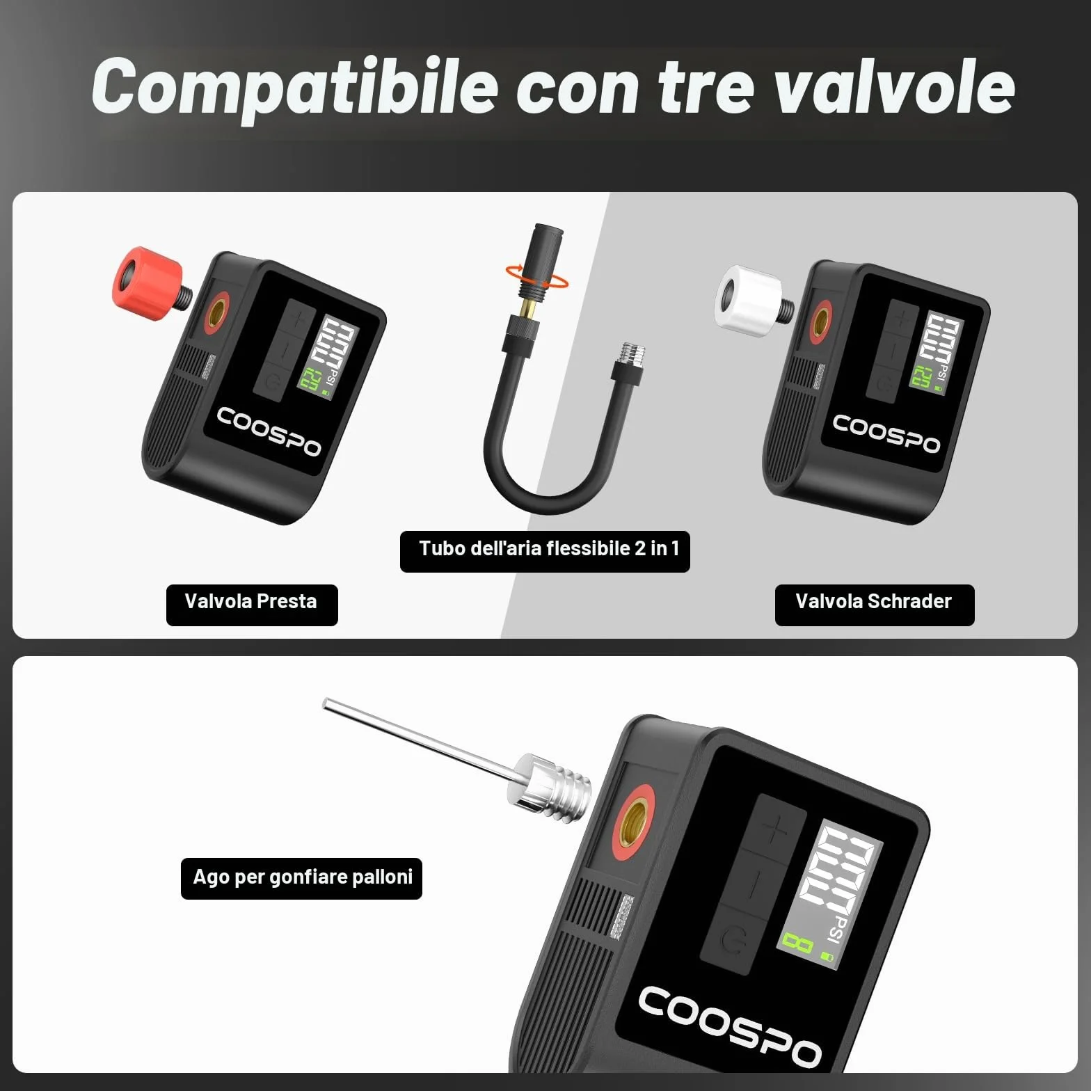 CooSpo Mini Pompa Elettrica per Bicicletta, max 120 PSI, Portatile con Spegnimento Automatico, Valvole Presta Schrader