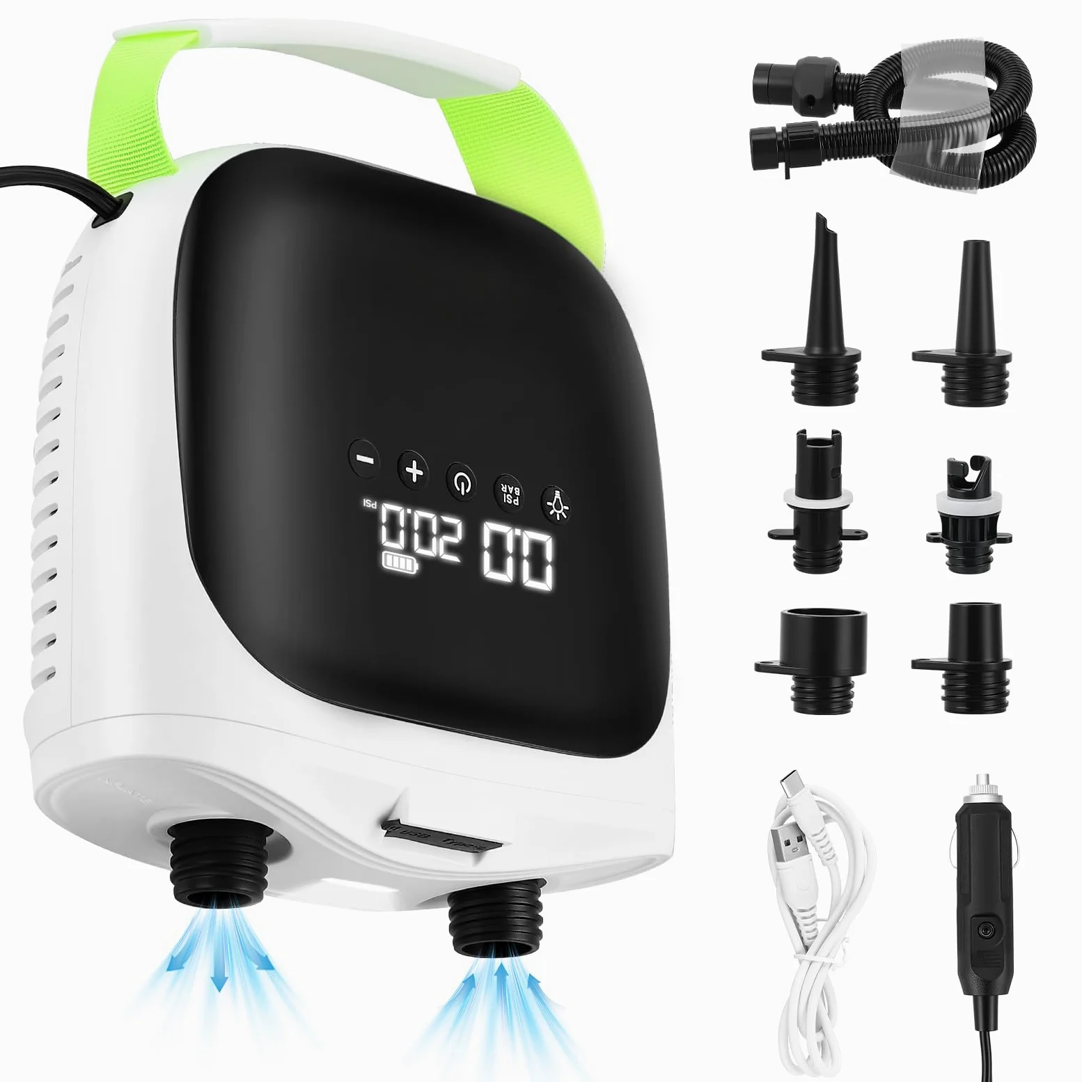 Pompa Elettrica SUP 20PSI Ricaricabile, Gonfiatore Paddle Board con Gonfiaggio Intelligente a Doppio Stadio & Auto-Spegnimento, 6 Ugelli, Portatile Senza Fili per Kayak, Tenda, Materassino, Piscina