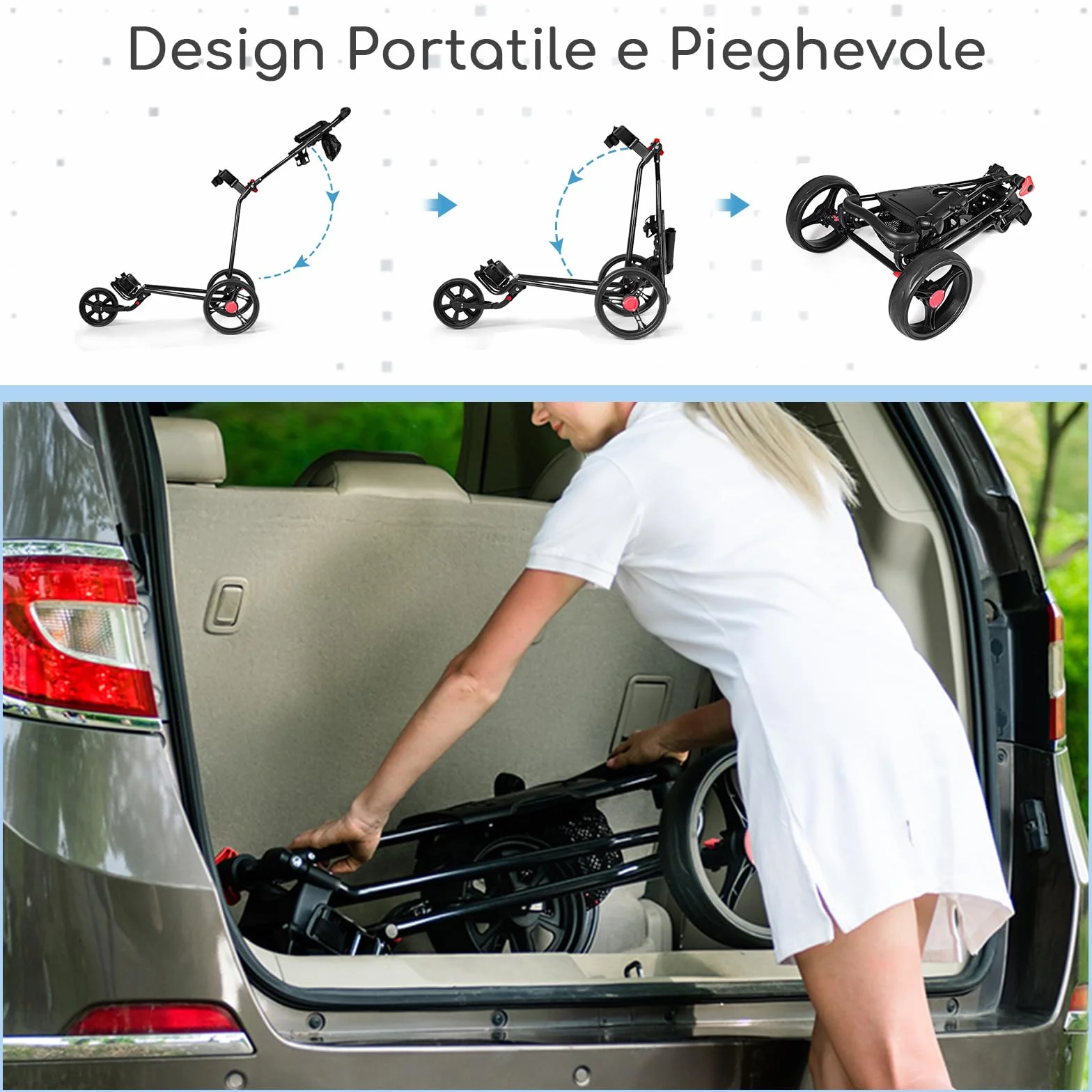 COSTWAY Carrello da Golf Pieghevole a 3 Ruote, Ferro, Maniglia Regolabile TPR, Freno a Pedale