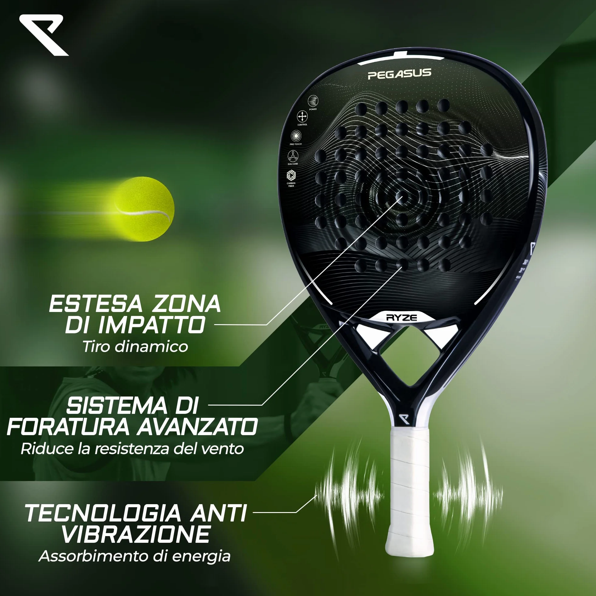 RYZE Racchetta da Padel in Fibra di Carbonio con EVA-17 Flex per Uomo e Donna