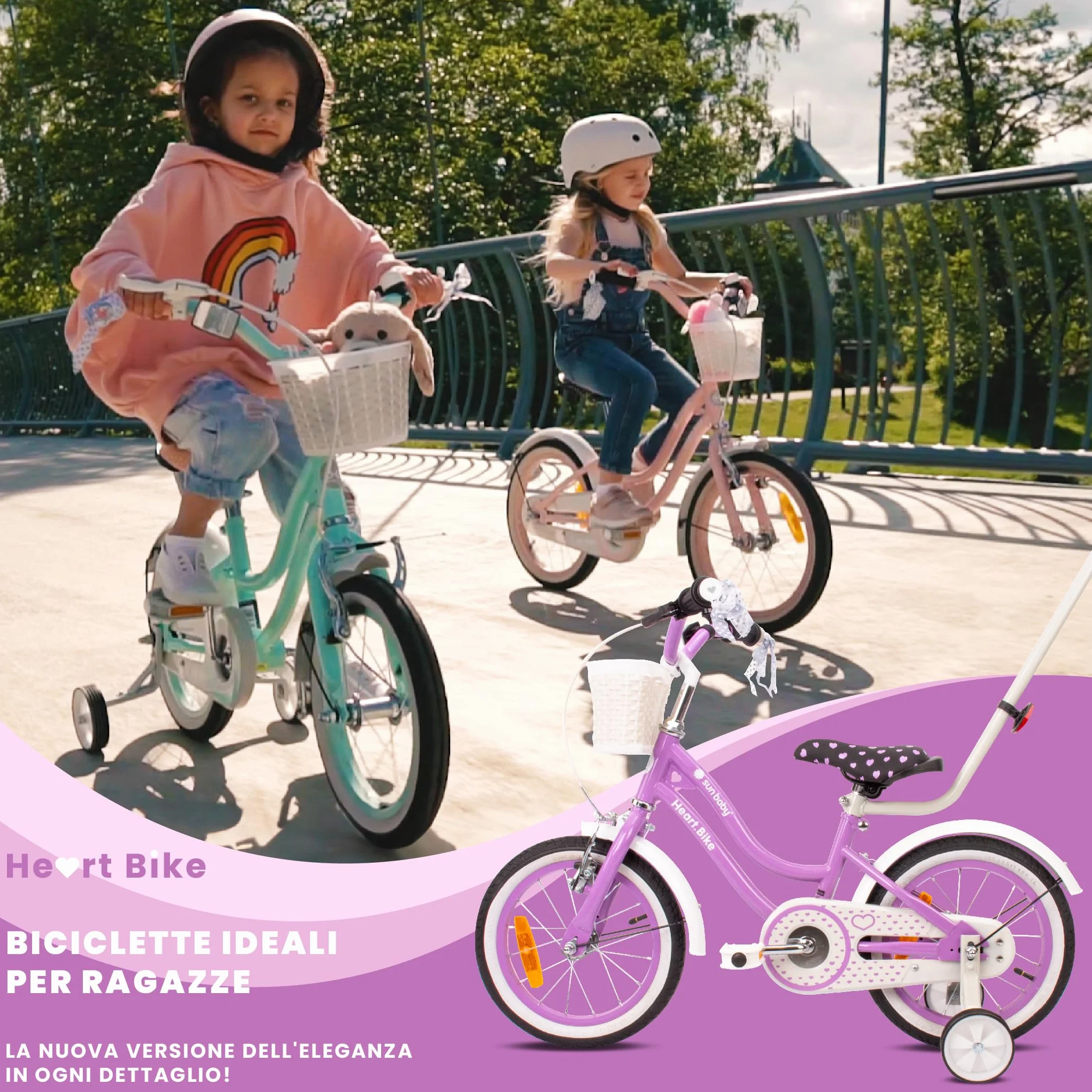 Sun Baby Heart Bike Bicicletta bambina 12/14/16 pollici, bici con rotelle, barra di spinta, cestino, campanello