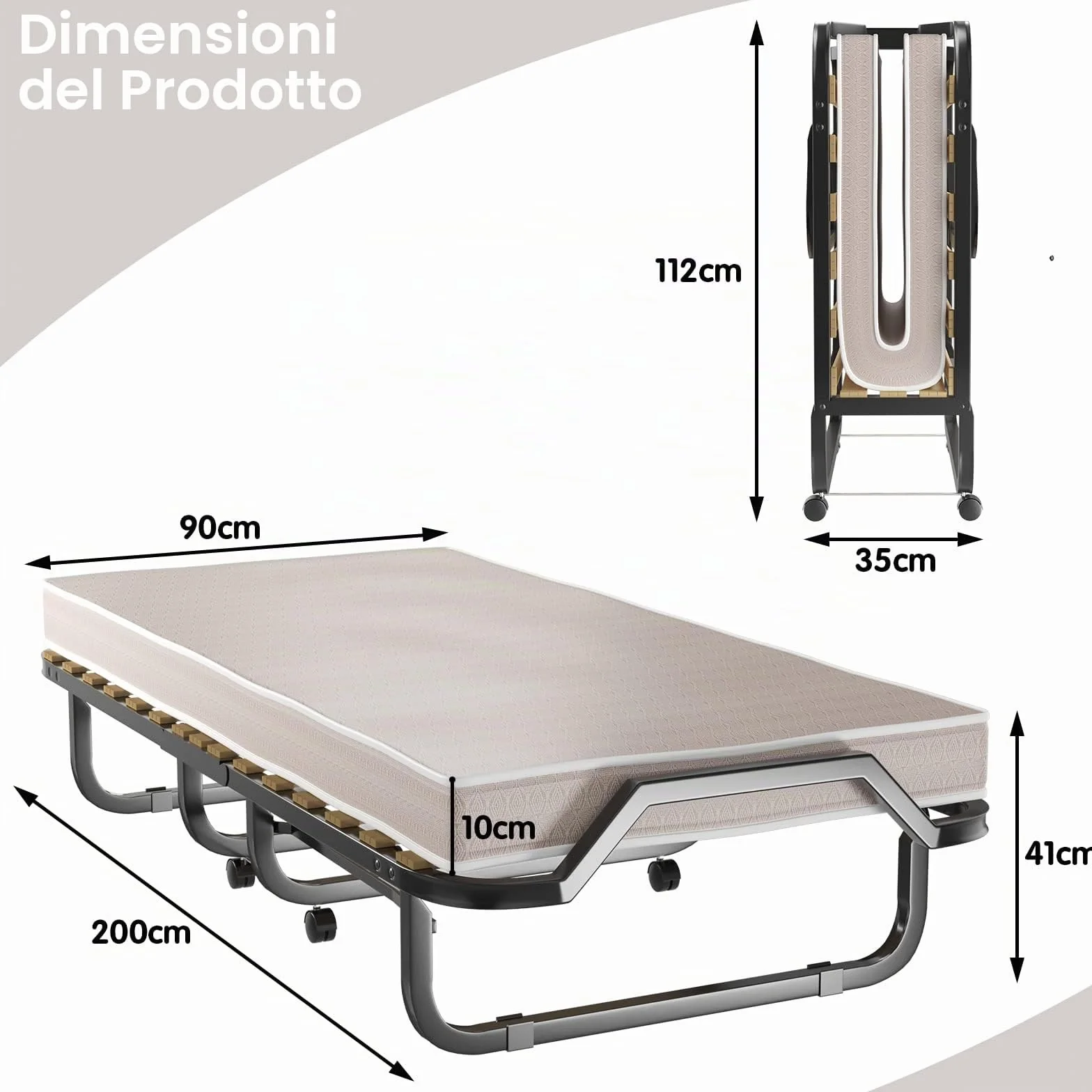 GIANTEX Letto Singolo Pieghevole 90 x 200 cm Portata 120 kg con Ruote Materasso 10 cm