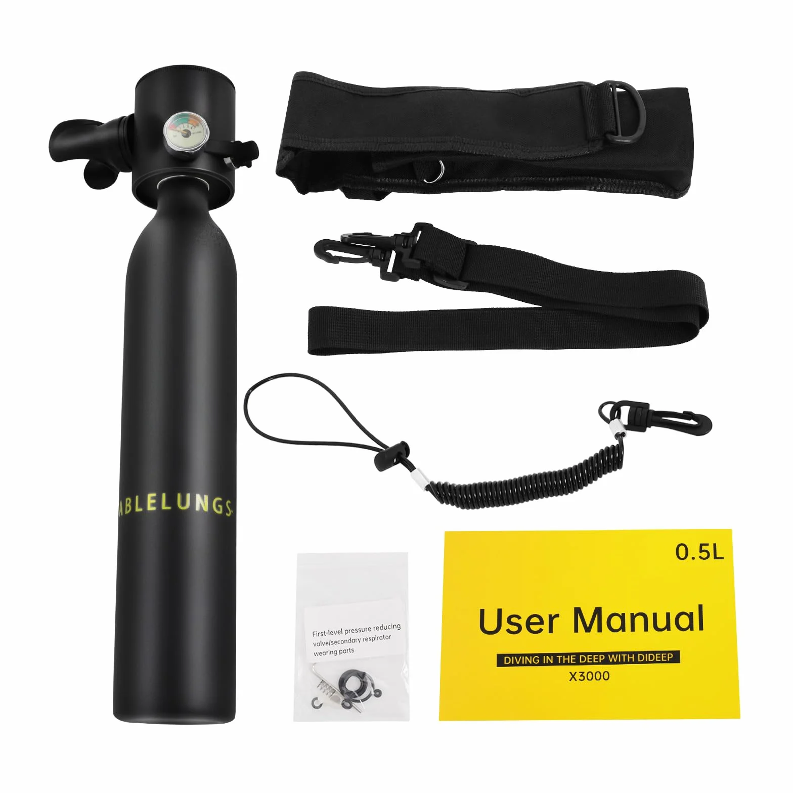 Mini Bombola di Ossigeno 0,5L Portatile per Immersioni con Misuratore di Pressione Impermeabile Illuminato 15-20 Minuti