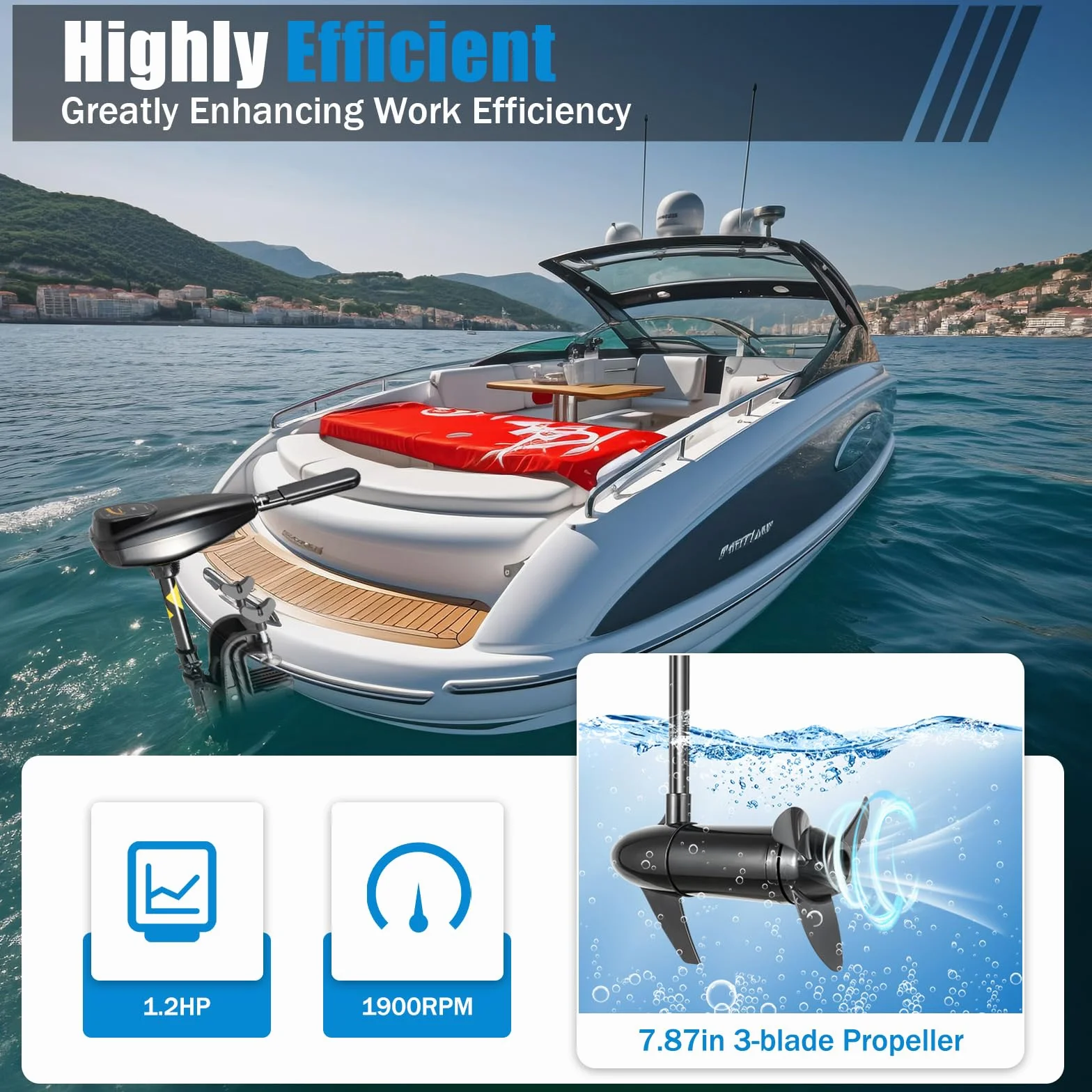 Motore Elettrico Fuoribordo 80LBS 12V 800W 1.2CV, 5 Marce Avanti 3 Indietro, Albero Lungo, Forza di Trazione 1850kg