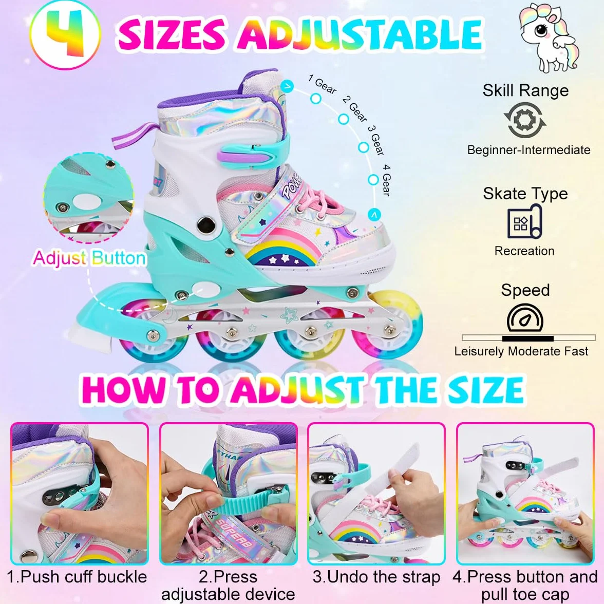 Arcobaleno Pattini in Linea Bambina Regolabili 8 Ruote Illumina Pattini in Linea per ragazze e ragazzi, per uso interno ed esterno