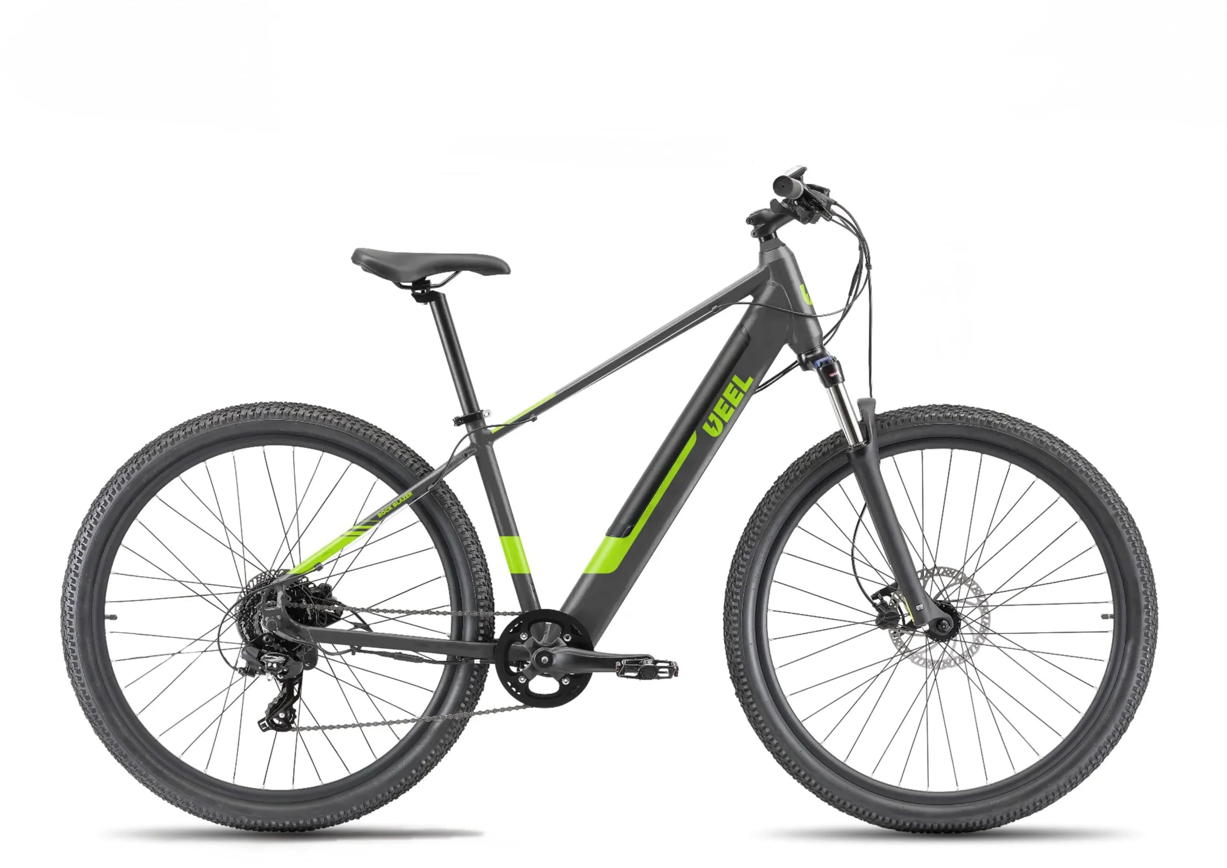 E-Bike Rockblazer 25 BlackGreen, Bicicletta Elettrica, Motore 250W, Fino a 25 Km/h, Batteria estraibile 36V 10.4Ah, Autonomia fino a 60 km, Cambio Shimano 8 marce, Ruote da 29’’ con freni a disco