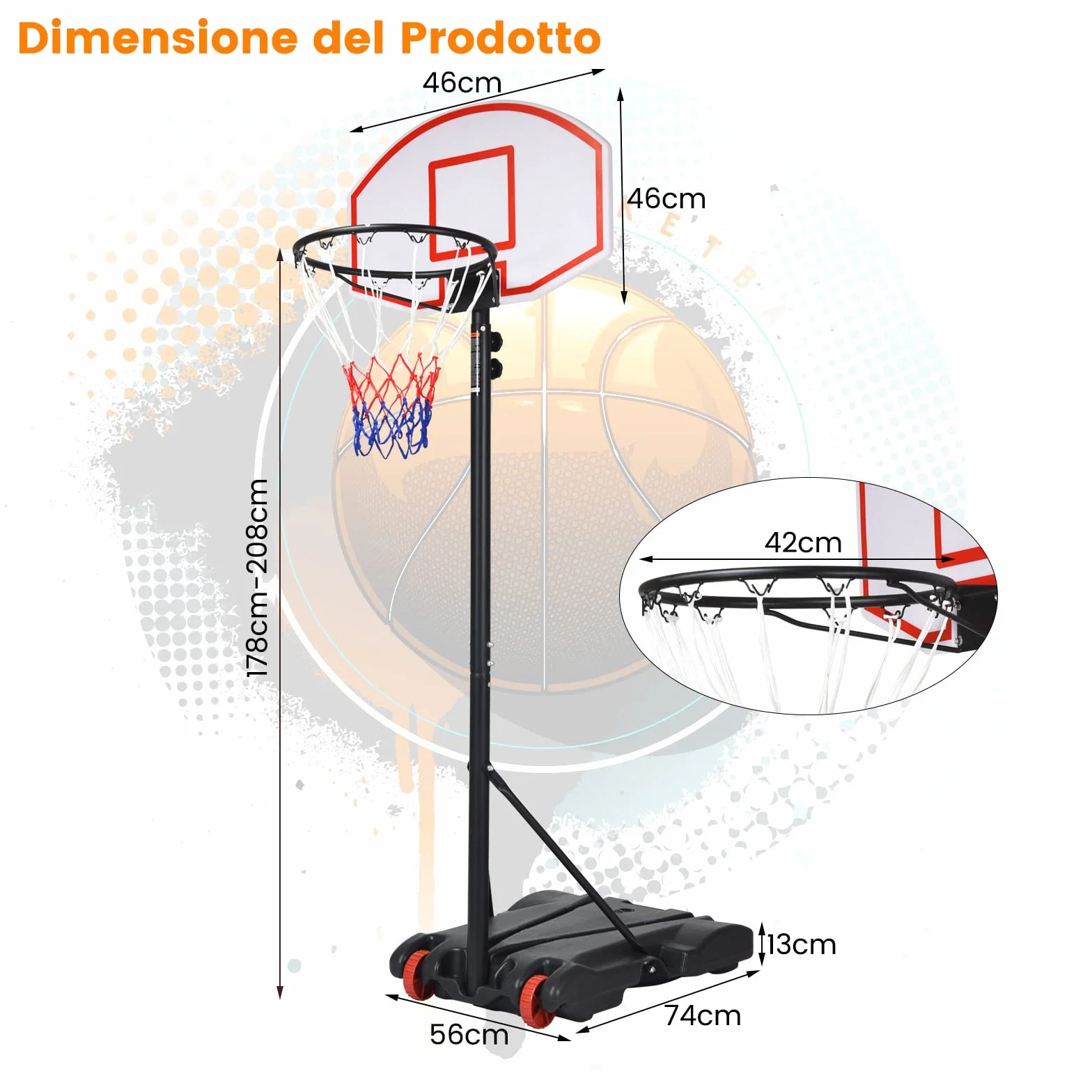 COSTWAY Canestro da Basket Regolabile 178-208 cm per Bambini con Ruote e Base Riempibile