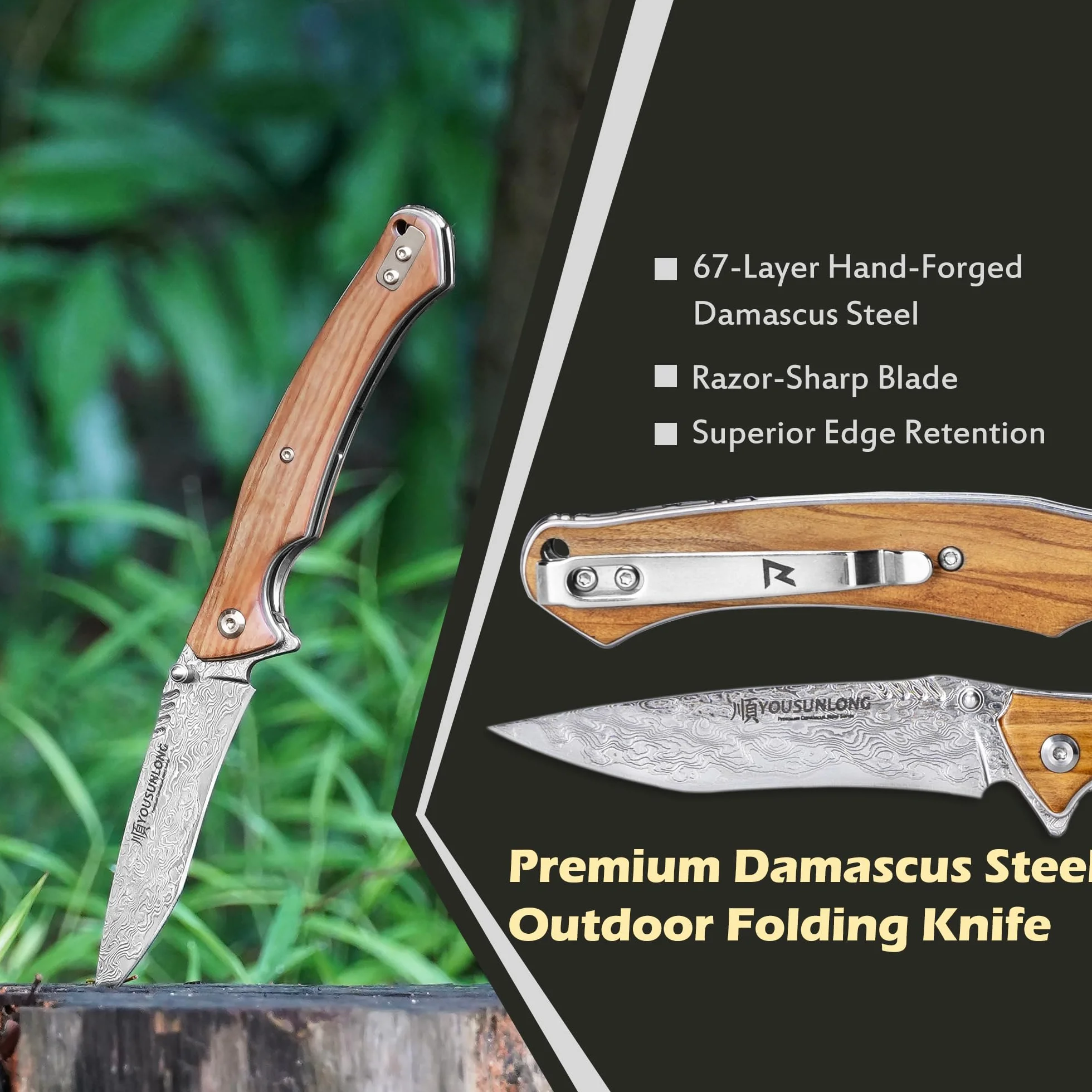YOUSUNLONG Coltello pieghevole da campeggio - Lama in acciaio Damasco martellato - Rivestimento in legno d'ulivo italiano