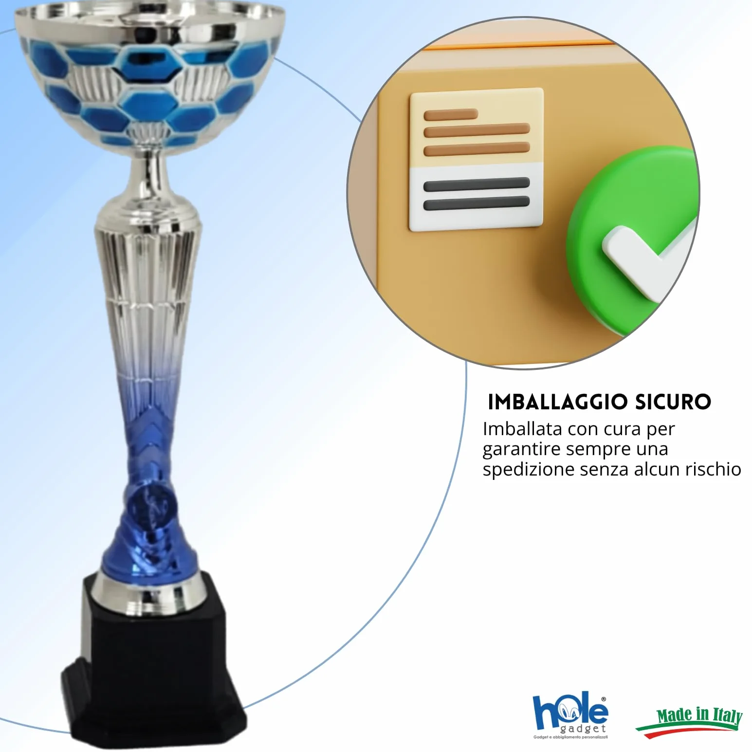 Personalizowana Coppa Trofeo Argento e Blu Metallo con Targhetta Stampata Varie Misure Calcio Fantacalcio Padel Basket