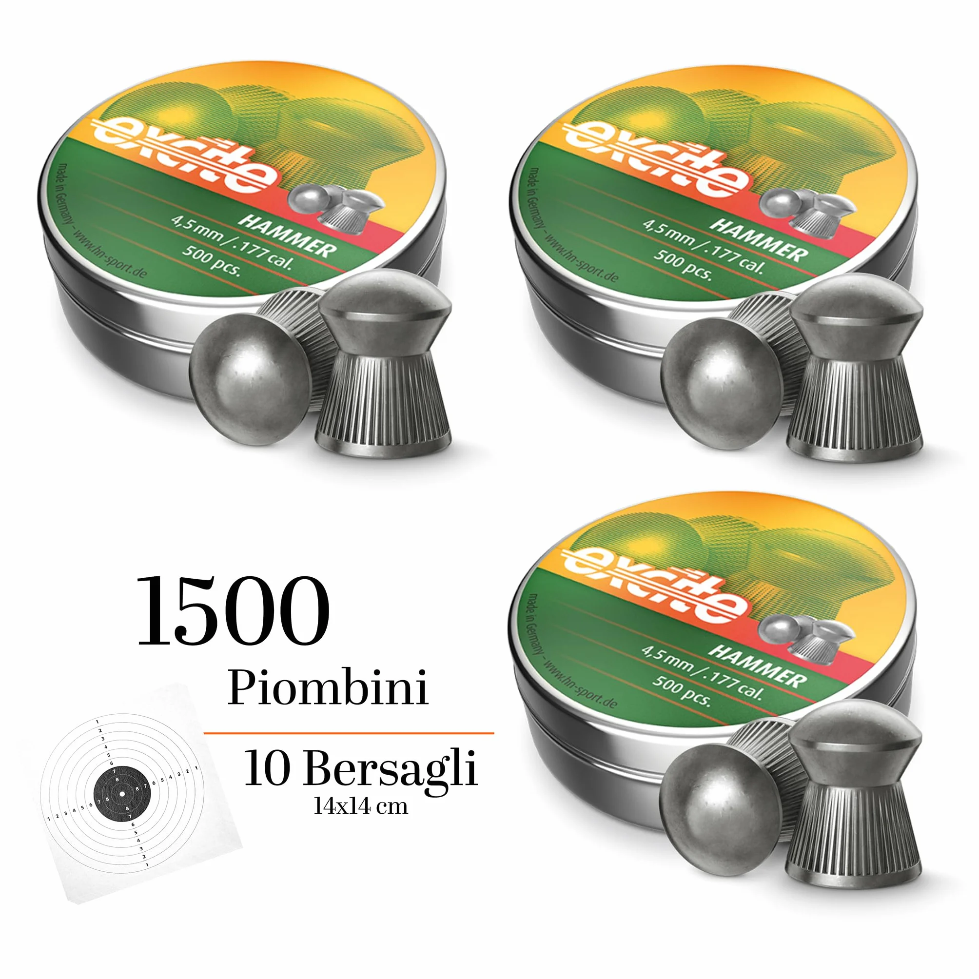 Bundle softair Piombini Cal. 4.5 HN Hammer (3 Scatole) + 10 Bersagli 14x14 cm - Pallini Piombo per Carabina Aria Compressa, Pistola Calibro 4 5 - Ideale Tiro a Segno Sportivo