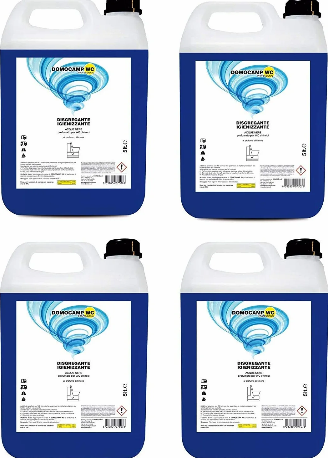 4 Pezzi da 5 Litri DOMOCAMP WC Liquido Disgregante per Wc Chimico – per Serbatoio Camper, Gabinetto da Campeggio, Acque Nere, Cesso Portatile