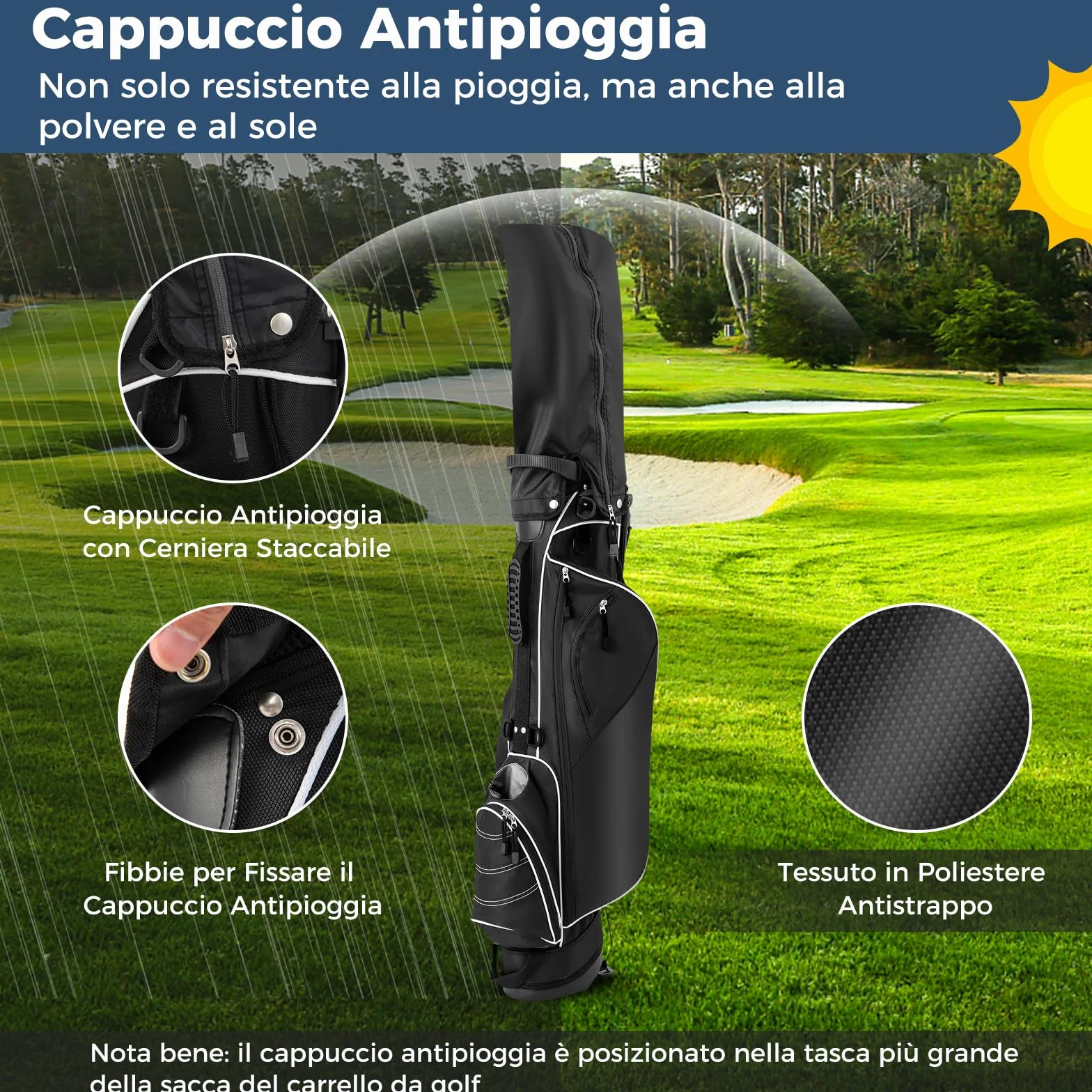 COSTWAY Sacca da Golf con Supporto, Borsa a 4 Scomparti con 4 Tasche, Borsa Frigo, Tracolla Doppia, Cappuccio Antipioggia