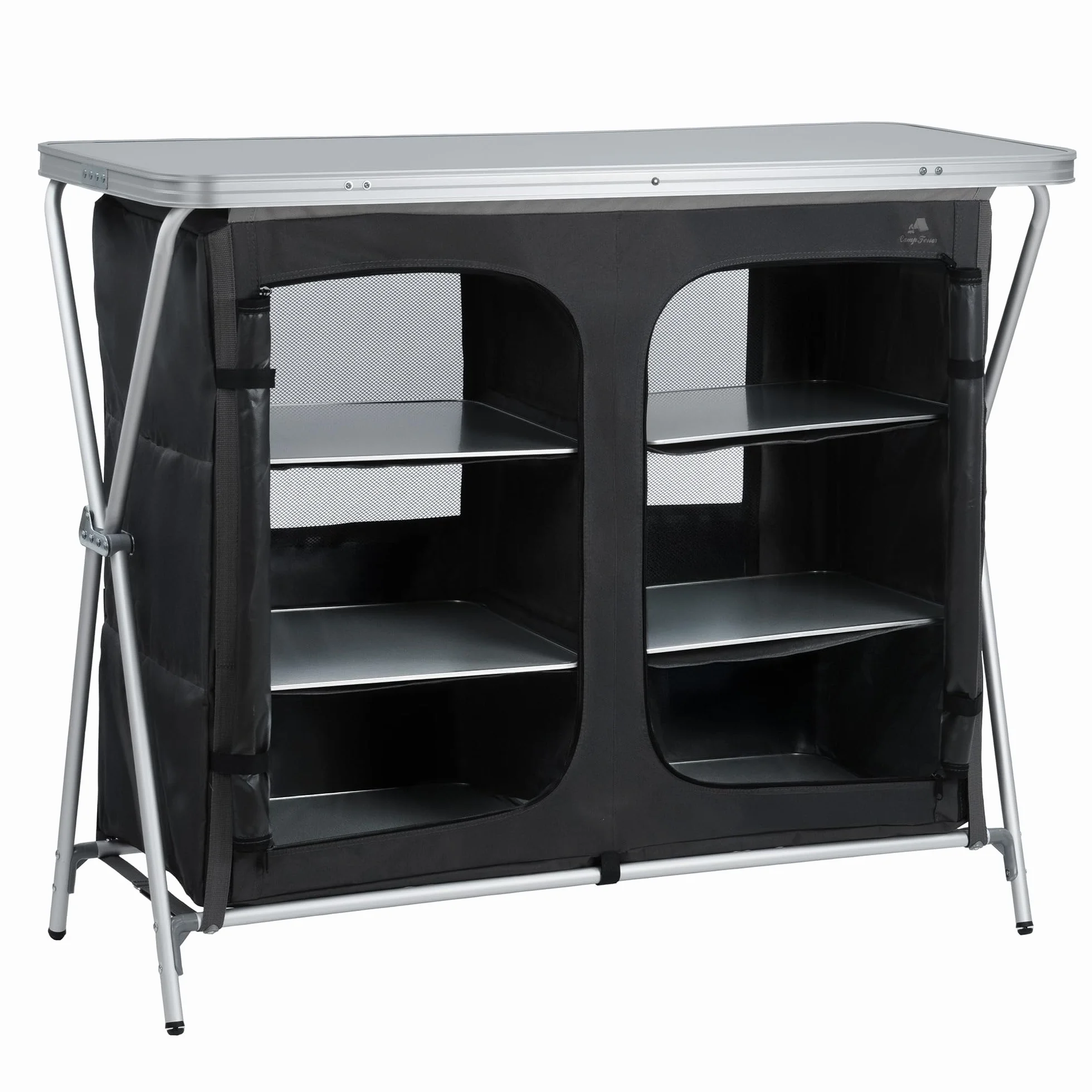 CampFeuer Armadio da campeggio pieghevole 110x47x90 cm Cucina da campeggio 2 aperture cerniera Scaffale da campeggio alluminio