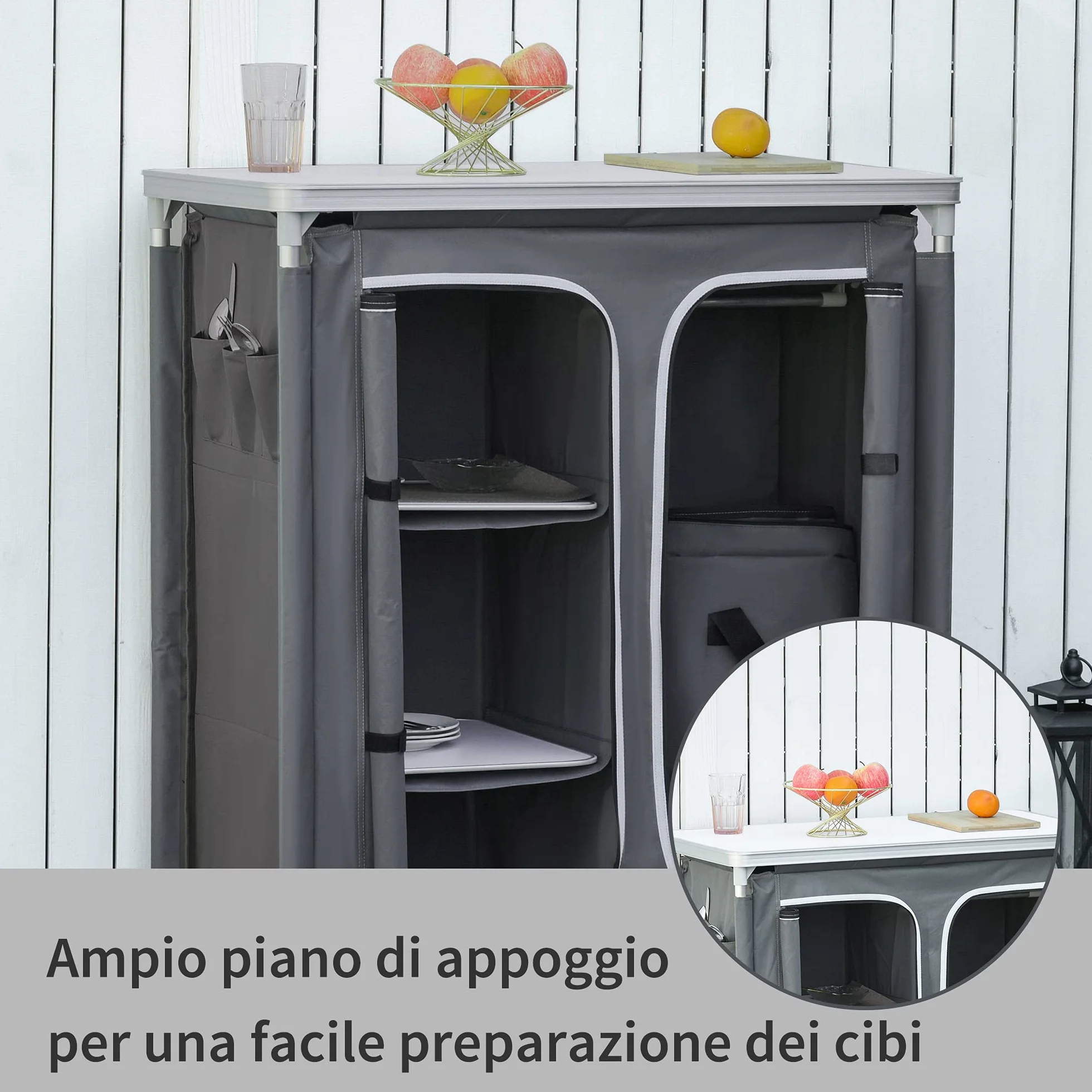 Outsunny Cucina da Campeggio Doppio Armadietto 96Lx49.5Px104cm Grigio Telaio Alluminio