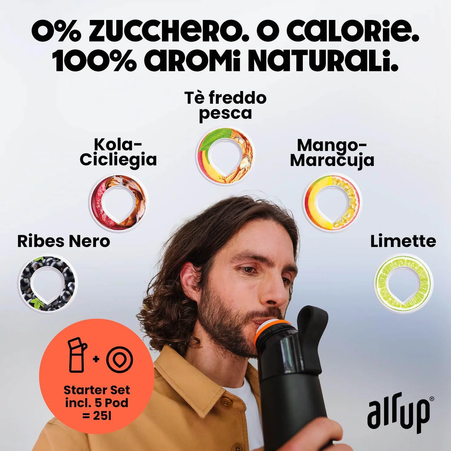 AIR UP® Borraccia Twist Pro Steel in acciaio inox Starter Set Originale 480 ml, mantiene il freddo per 14h, tappo ermetico, Nero