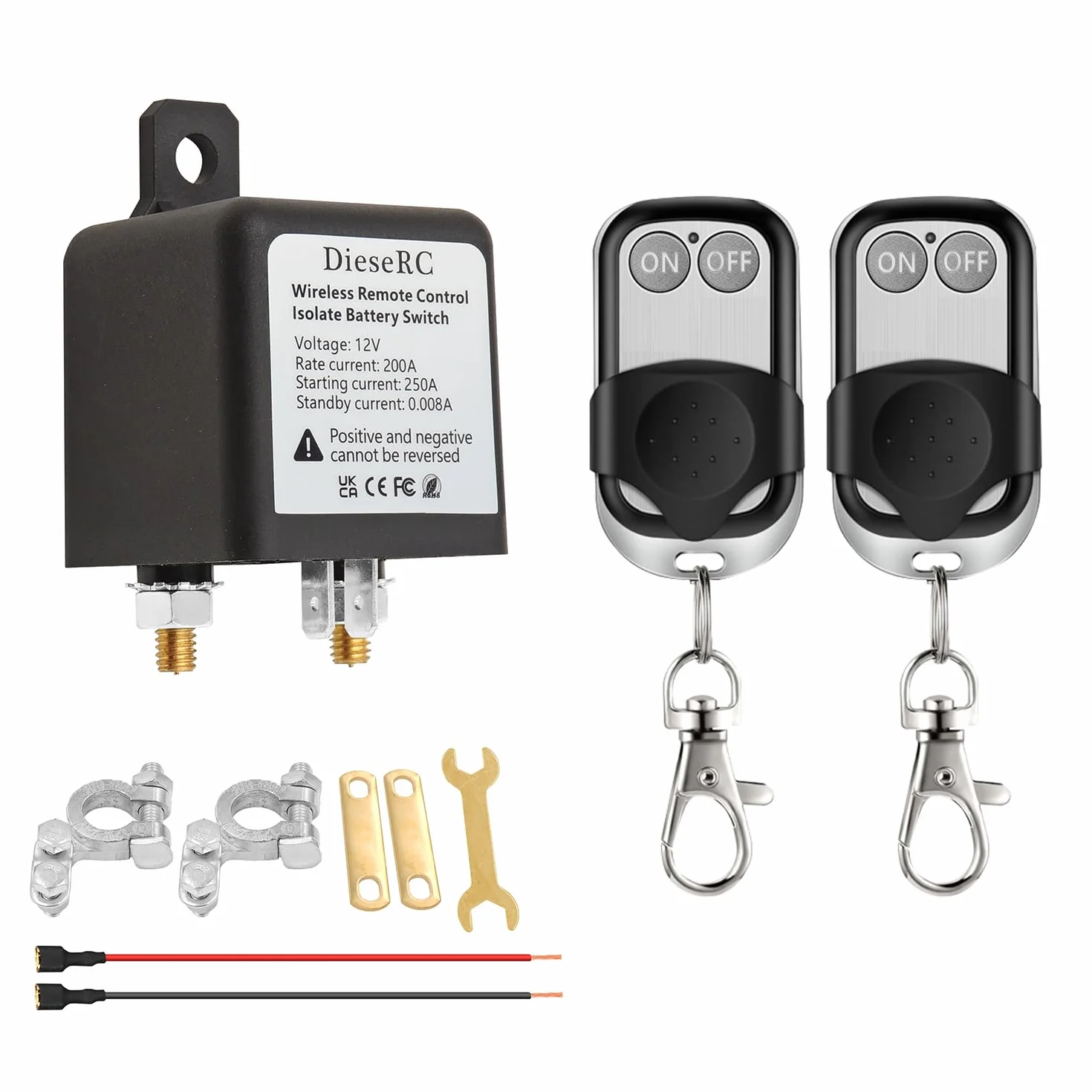 DieseRC Interruttore di Disconnessione Della Batteria del Telecomando Senza fili, Ricevitore Relè DC 12V 200A Isolatore Batteria per auto con 2 Trasmettitori, Interruttore Antifurto per Evitare