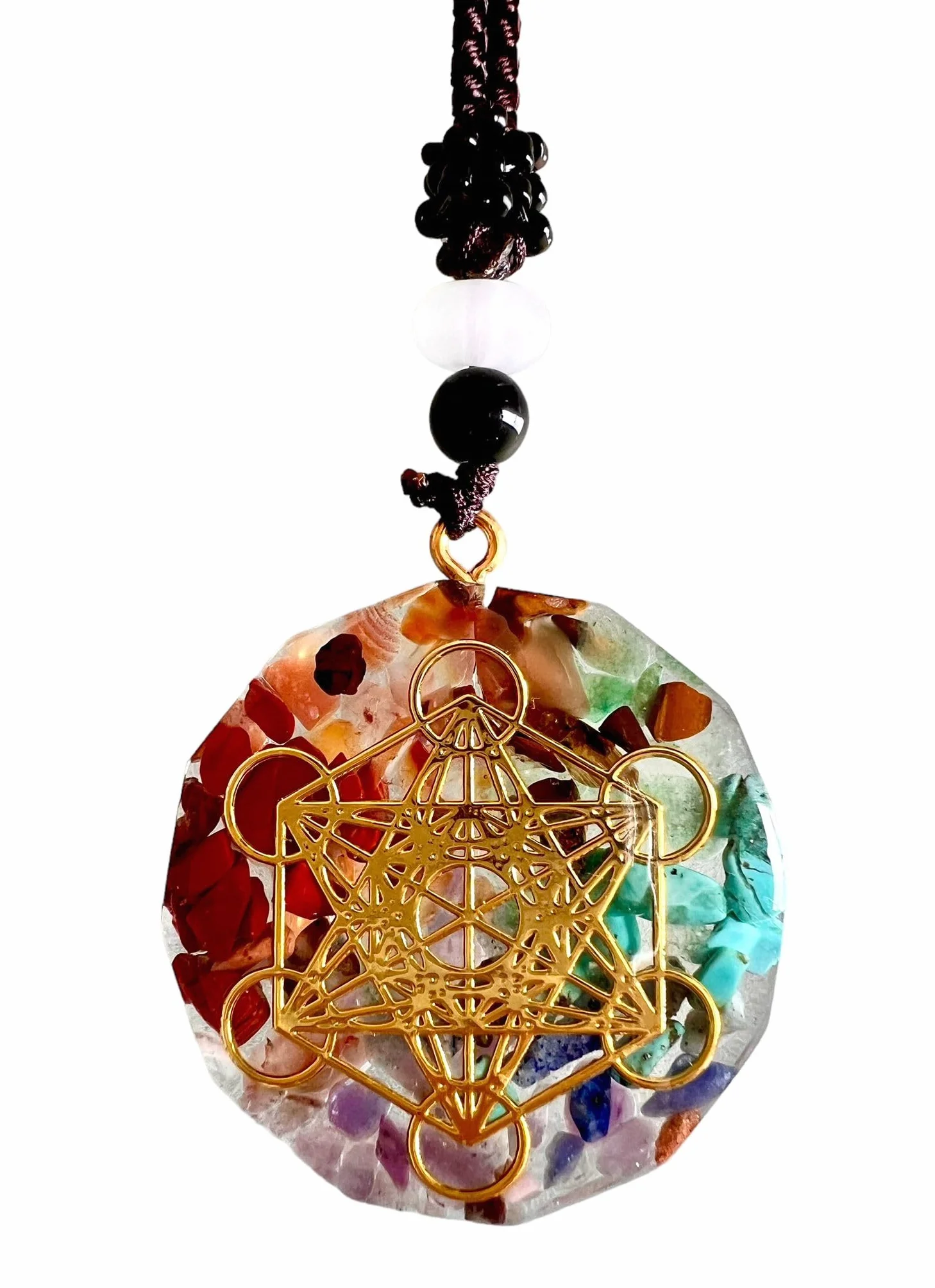 Ciondolo 7 Chakra Collana Orgonite Yoga Meditazione Cubo di Metatron Geometria Sacra Talismano della Ricchezza Amuleto Mistico Portafortuna Potentissimo Accessorio Auto Idea Regalo Uomo Donna