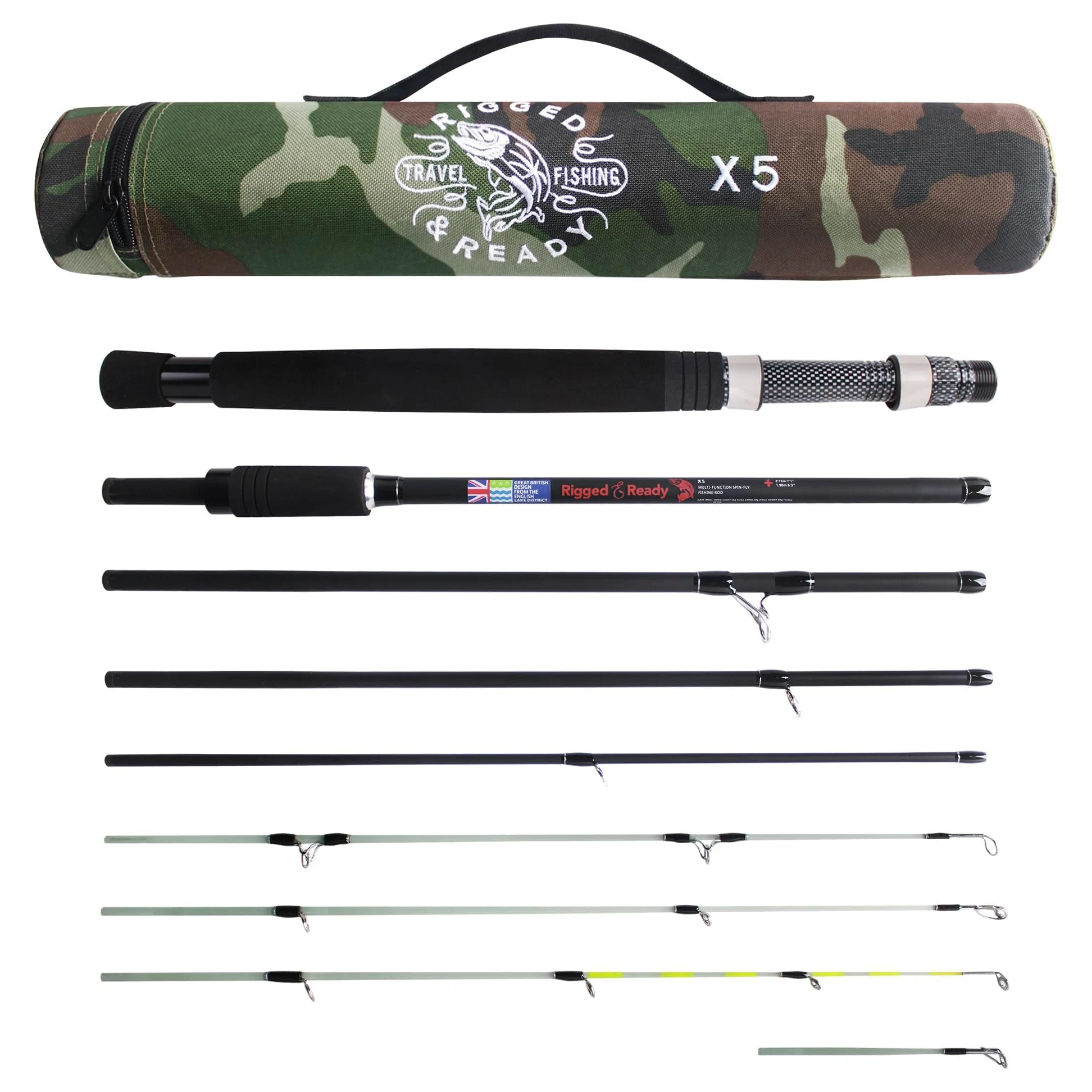 Rigged and Ready X5 Series Travel Fishing Rods Spin-Fly X5 Rod and 2 Reels Combination,X5 Rod,X5 Max Super Compact,Multi-Functional Rods,4 Tips,5 Techniques 1 Fishing Rod.