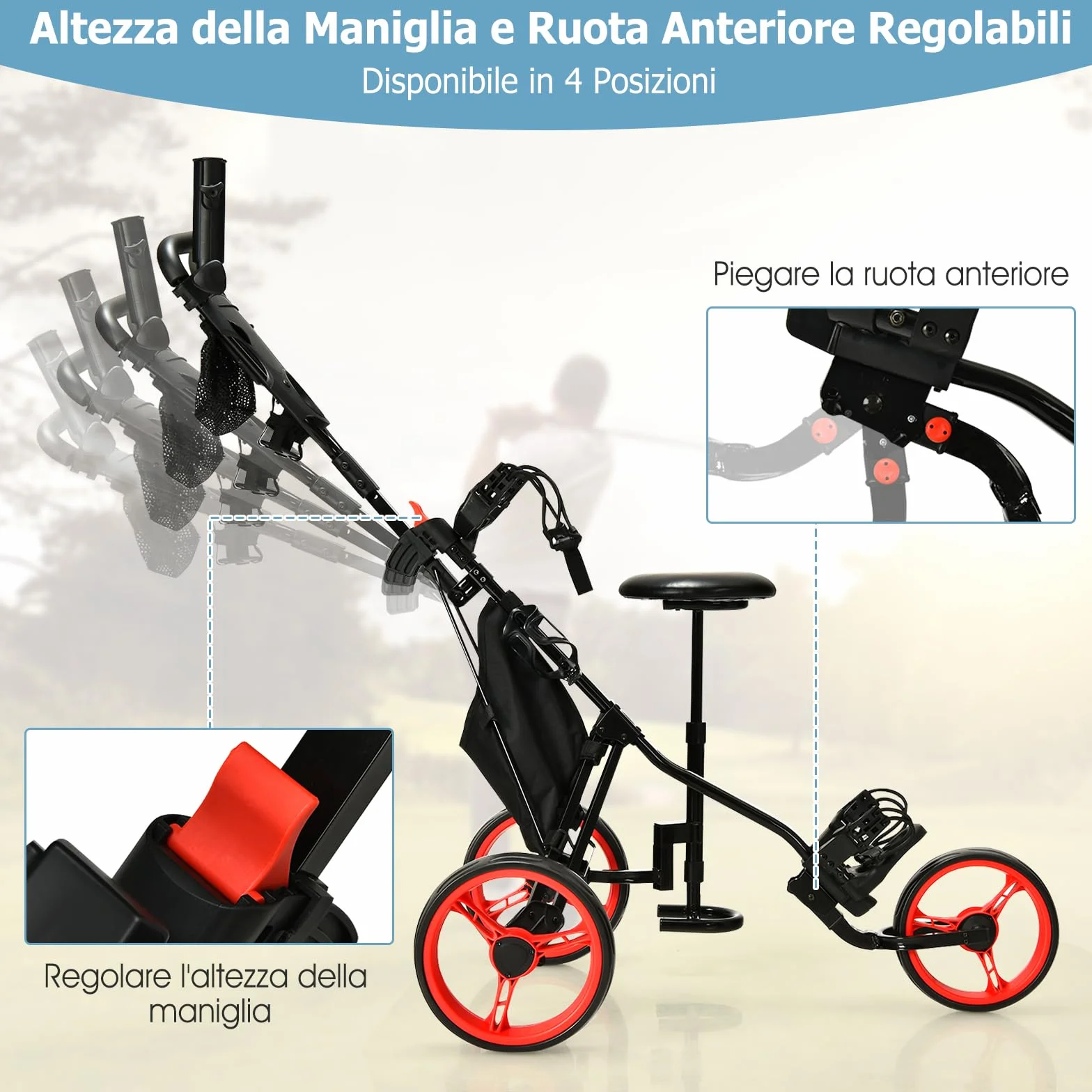 COSTWAY Carrello da Golf Pieghevole 3 Ruote, Trolley Altezza Regolabile Alluminio con Sedile, Porta Ombrello e Porta Bevande